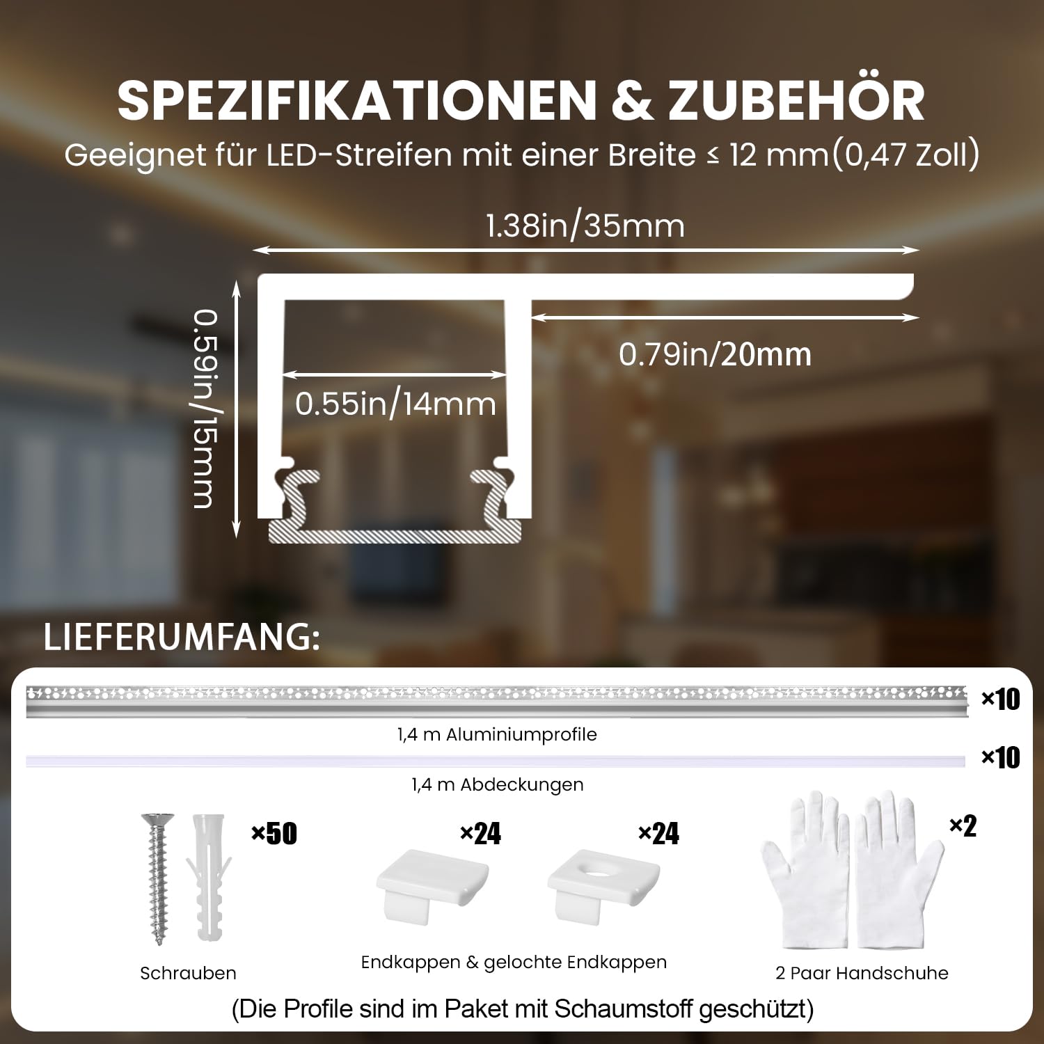 Profil LED do suchej zabudowy, 10 sztuk, profil aluminiowy LED, profil do płytek Trimless, wpuszczany, aluminiowa szyna do montażu na sucho z mlecznym dyfuzorem i zaślepkami do sufitu, ściany