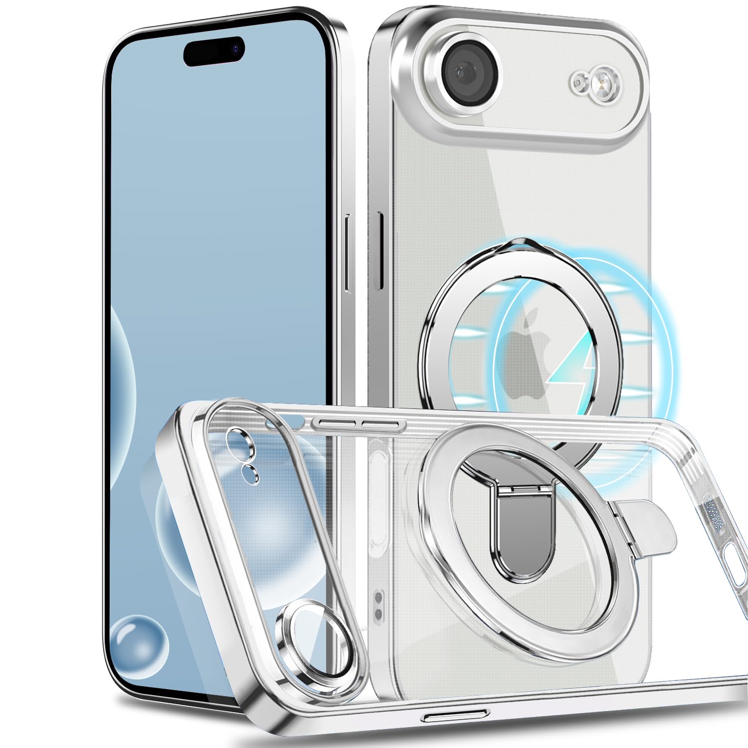 MuZiF iPhone Air 用 ケース MagSafe対応 リング付き クリア メッキ加工 カバー 車載ホルダー対応 多機能 レンズ保護 薄型軽量 耐衝撃構造 透明柔らかいTPU アイフォンAir 用 磁気カバー クリアケース（iPhone Air用,クリア）