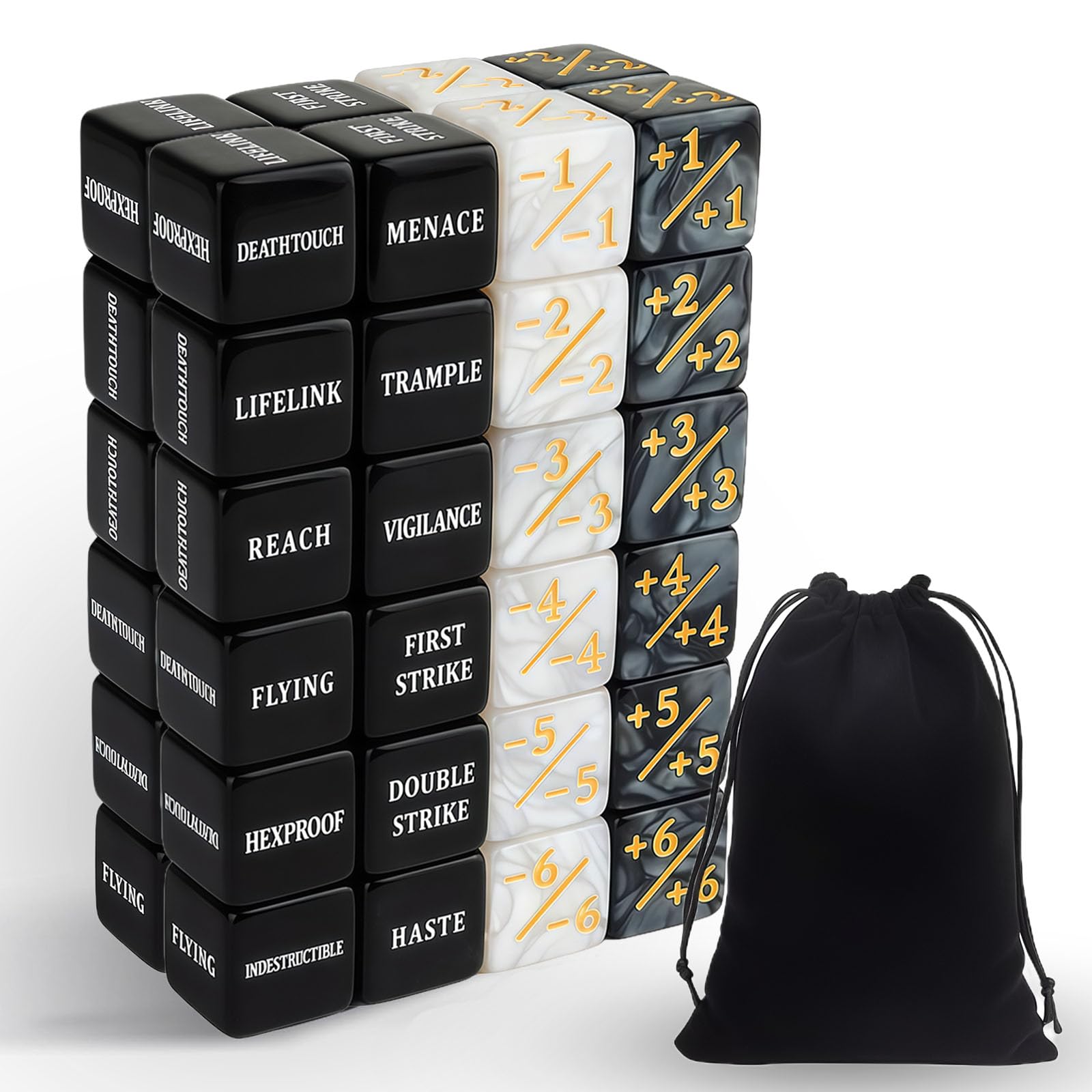 48uds MTG Dados Contadores, Dado de Contador de Palabras Clave, con Bolsa de Terciopelo, dados de Lealtad, MTG Vida contador 1/+1, Criatura Stats Buff Tokens Cubo, Accesorios Juegos Cartas
