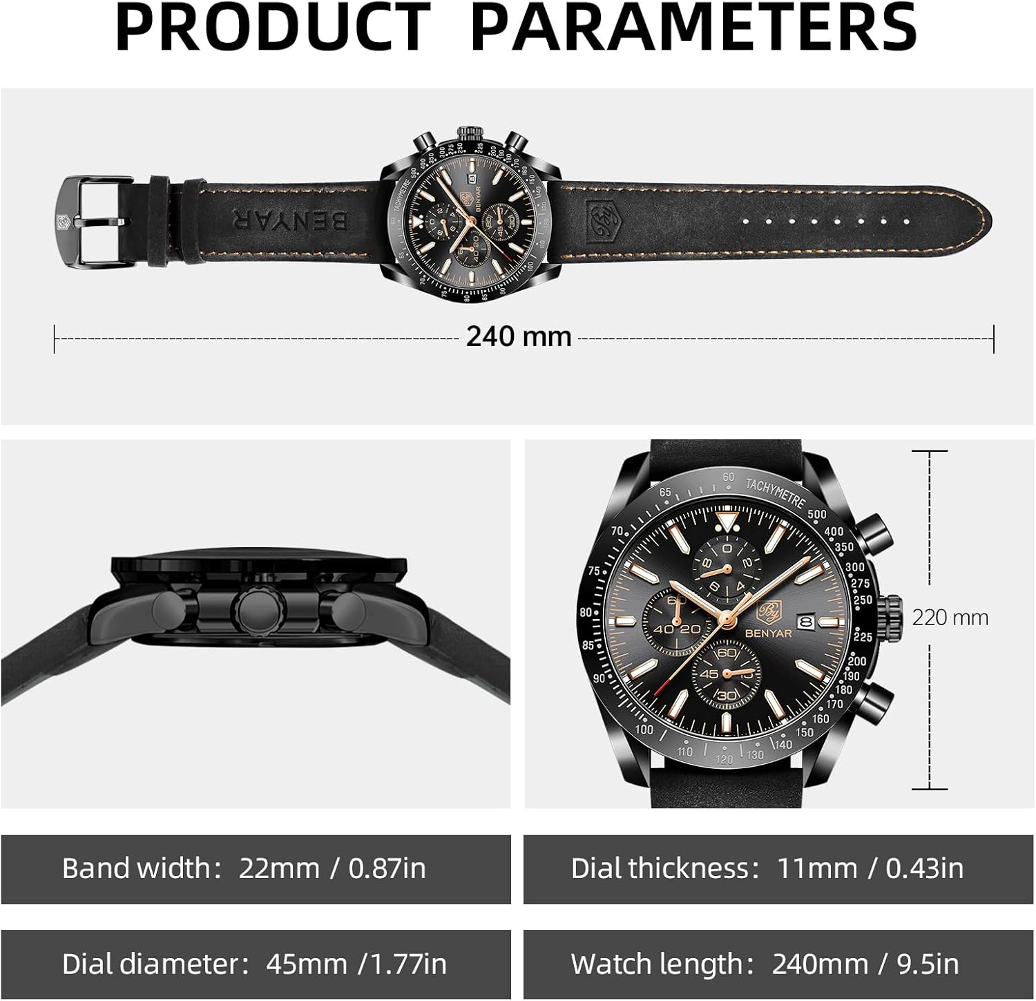 BY BENYAR Watch for Men Analog Quartz Chronograph Waterproof Luminous Designer Mens Wrist Watches Business Work Sport Casual Dress Watch with Silicone Strap Elegant Gifts for Men - Image 6