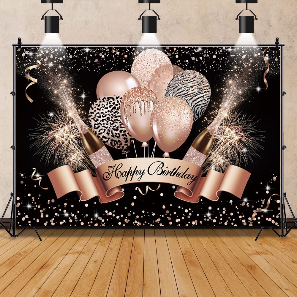 Yeele Happy Birthday Hintergrund für Mädchen und Frauen, 3,6 x 2,4 m, rotgoldener Glitzer, Luftballons, Champagner, Konfetti-Punkte, Geburtstagsparty-Hintergrund für Fotografie, Überraschung