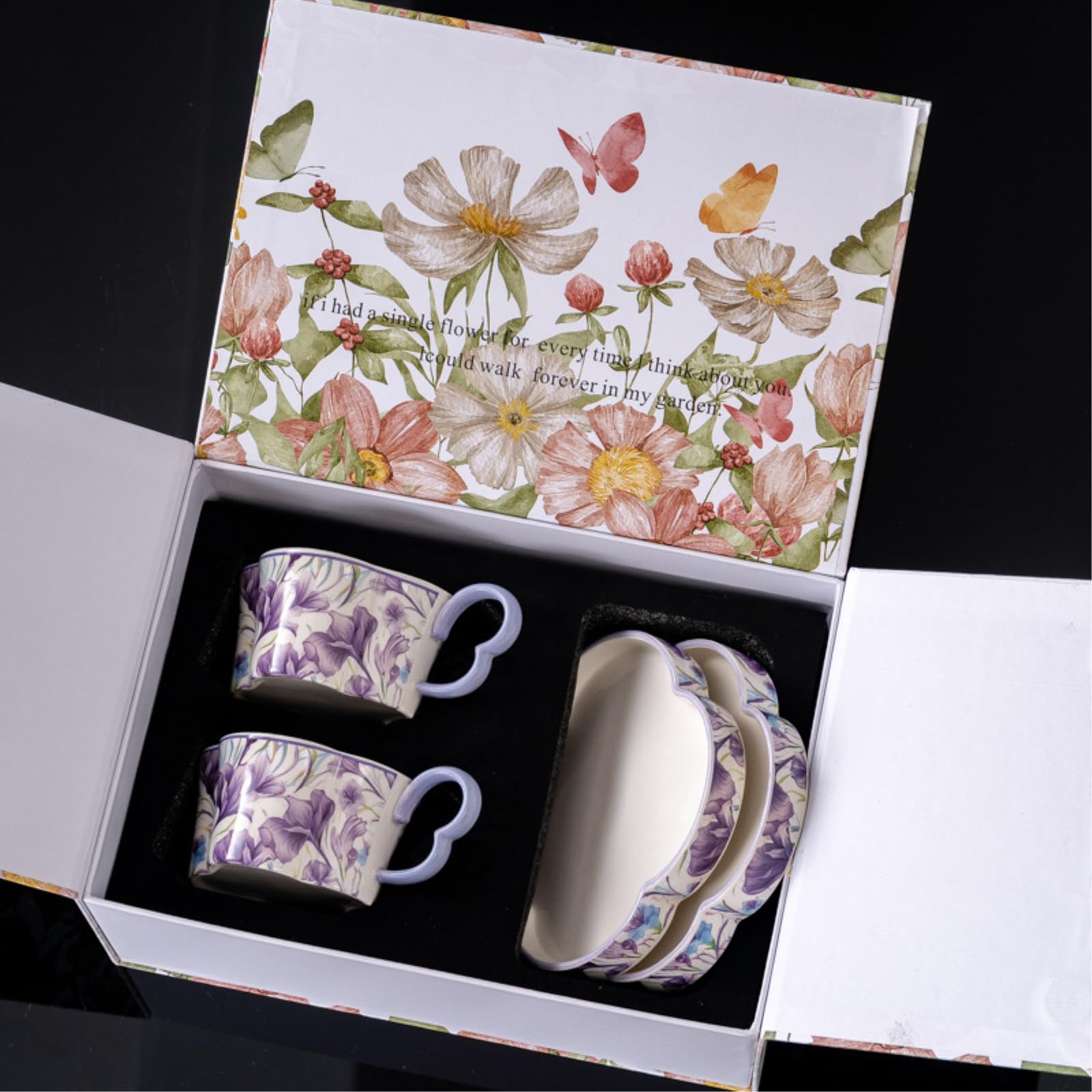 Ceramiczny zestaw filiżanek do kawy i spodków, 255 ml, pusta orchidea, kwiatowy wzór, 2 filiżanki i 2 spodki