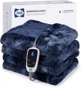 Sealy Electric Blanket Heated Throw, Faux Fur Heating Blanket with 6 Heat Settings & 2-10 Hours Auto Shut Off, Fast Heating & ETL Certification, 50x60 Inch, Navy Blue