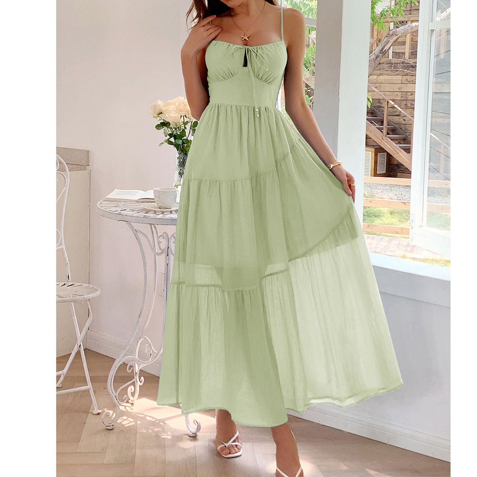 Vestido de Verano para Mujer, Vestido Largo sin Mangas con Cuello en V y Corte Cruzado, Vestido Fluido de Playa para Vacaciones, Fiestas y Viajes.