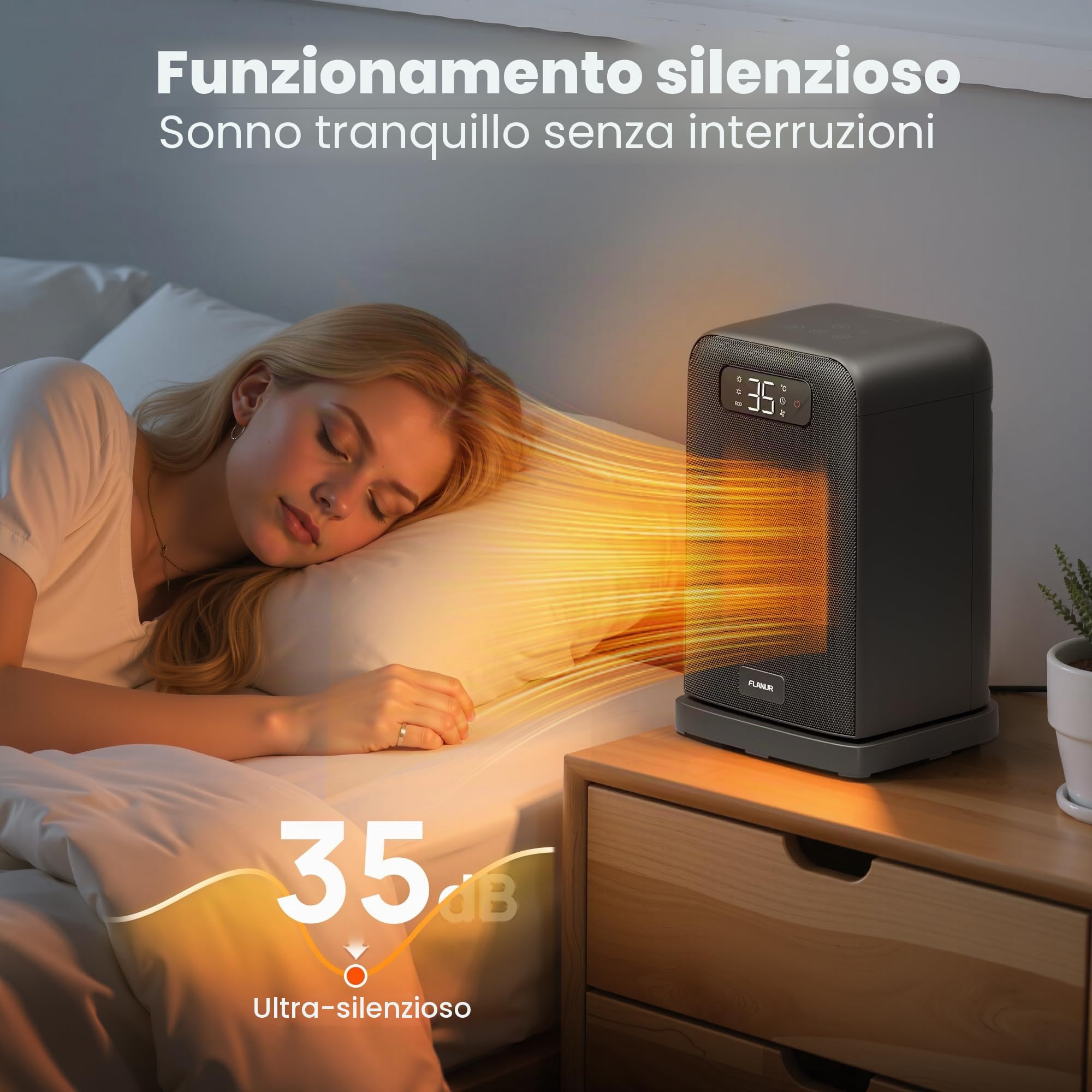 FLANUR Stufetta Elettrica Basso Consumo 1500W, Riscaldamento Portatile Ceramico PTC con Termostato,Oscillazione 70°, Timer 12H, Telecomando, 1 Pack+4 Modalità