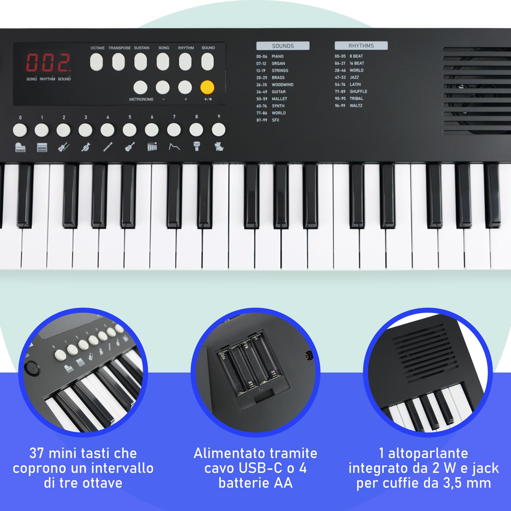 Axus 37 Mini Tastiera Portatile In Midnight Black - Divertente Pianoforte Elettrico Per Principianti, Usb-C O Alimentazione A Batteria