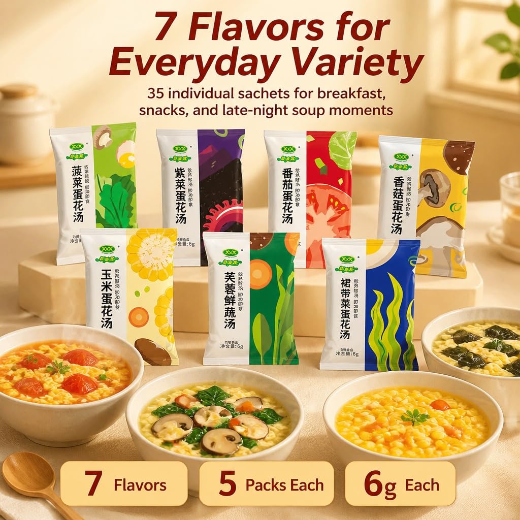 Mezcla De Sopa Instantánea 7 Sabores, 35 Paquetes Huevo Verduras Liofilizadas, Preparación Rápida 30 Segundos For Desayuno, Merienda Y Viajes