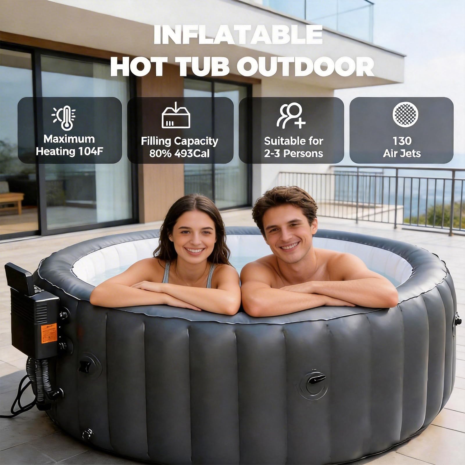 Jacuzzi Gonfiabile 180 X 71 Cm, Spa Portatile da Esterno, Jacuzzi Rotonda Portatile Gonfiabile per 3-4 Persone, Riscalda Fino a 42°c/104°f, 150 Rilassanti Getti d'Aria, per Esterni