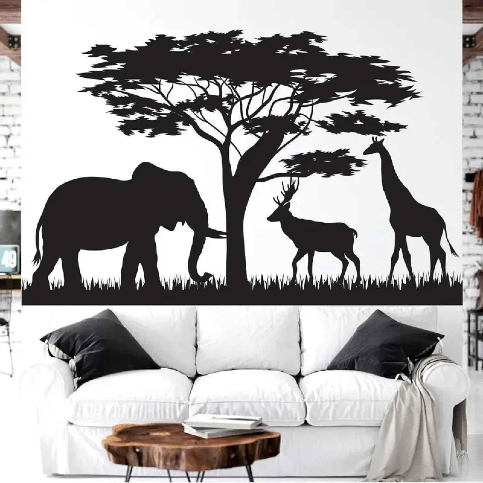 African Animals Elephants Giraffe wall Stickers Home Decor Living Room Bedroom Stickers wall Painting Wallpaper/Black