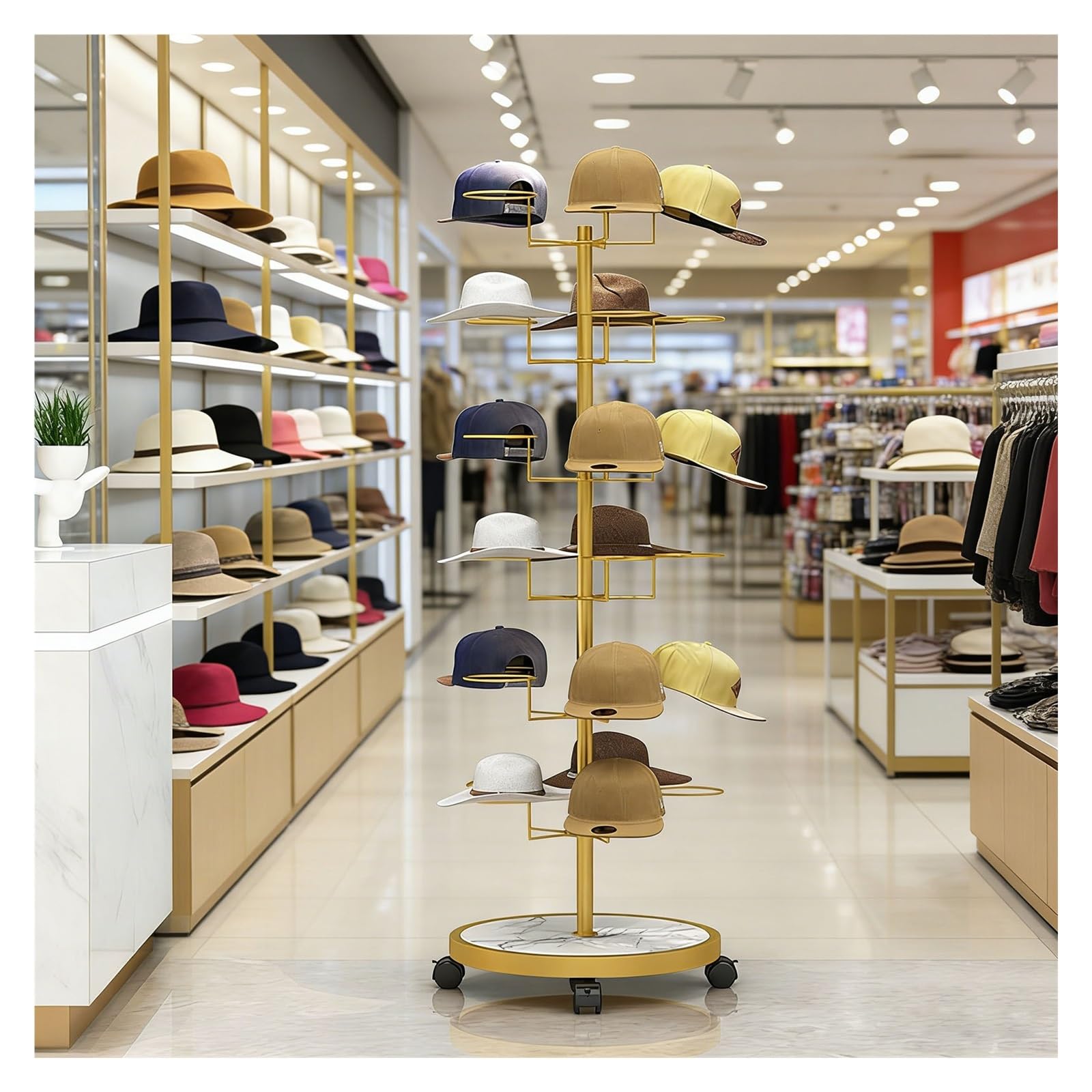 YNBSHGAA 6 Tier Large Hat Rack Stand, Standing Hat Tree with 30 Hooks for Retail Store, Hat Display Stand for Vendors, Baseball Cap Organizer,Gold