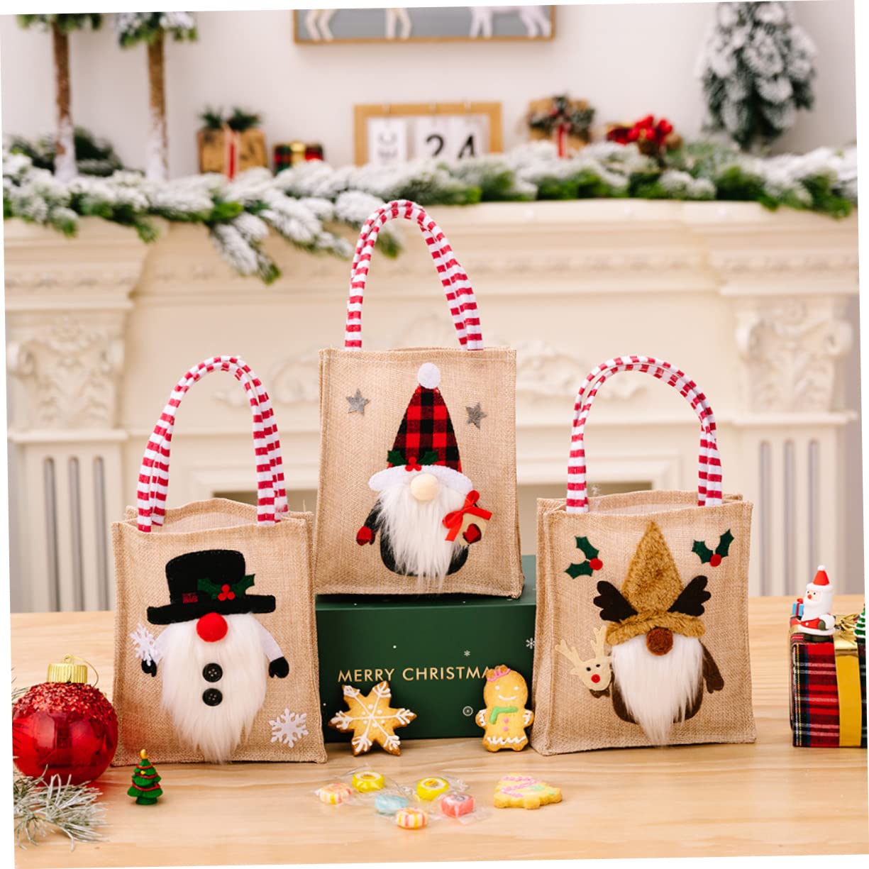 DEARMAMY 6 Pezzi Sacchetti Natalizi Gnome in Lino Buste Riutilizzabili per Dolci e Caramelle Decorazioni Festa Natale con Design Animato Pratici e Leggeri per Regali e Party