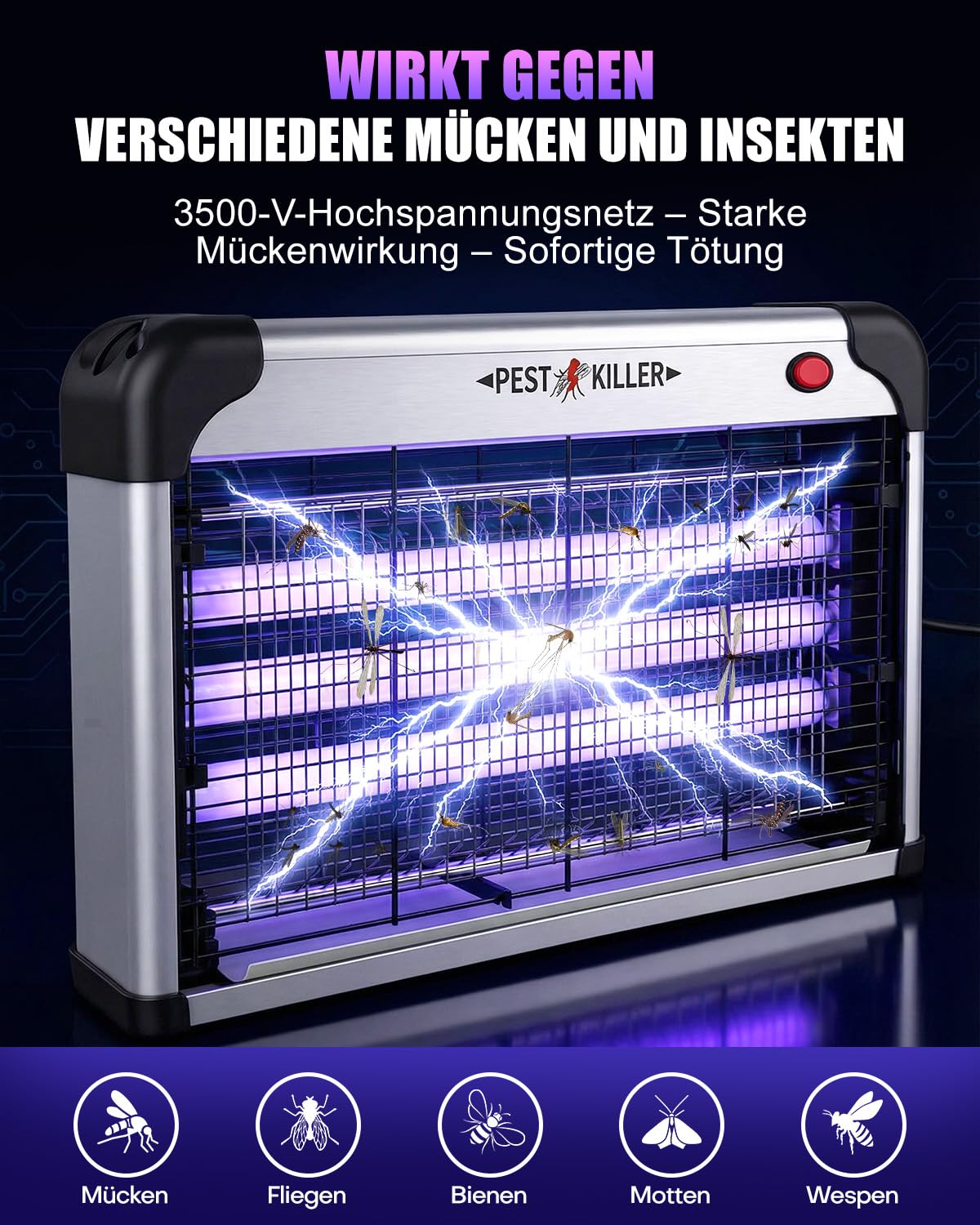 Insektenvernichter Elektrisch 30W, 2026 Upgrade 3500V UV-Mückenfalle mit Schalter, 3 UV-Lampen Fliegenfalle Elektrische, Wandmontierter Ultraviolette Mückenlampe für Zuhause, Büro, Terrasse, Garten
