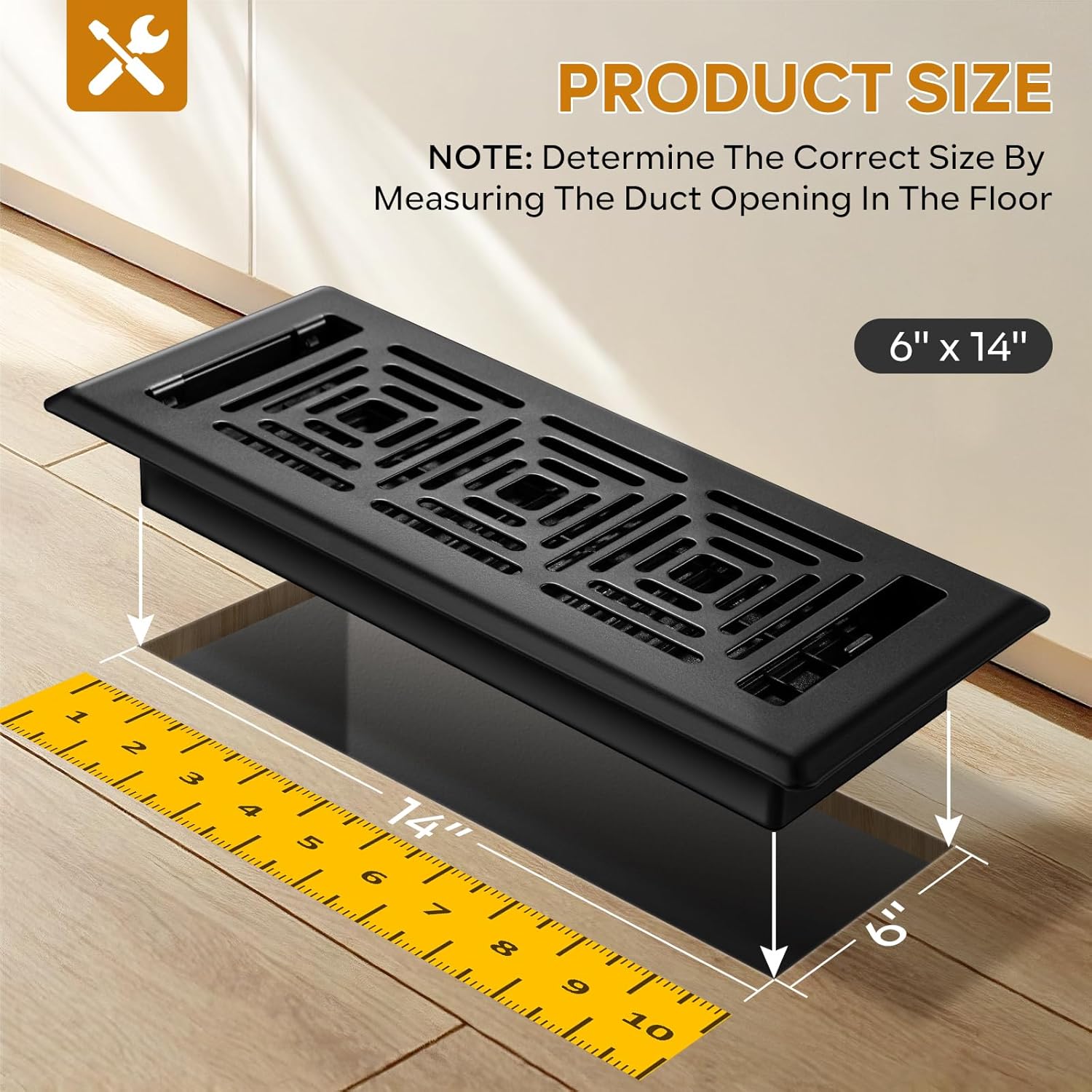 14x6 Vent Cover, Black Floor Register, Heavy Duty Steel Walkable Floor Vents, Adjustable Decorative Vent Covers, for Sidewall and Floor, Vent Covers for Home Floor, 2 Pack Black