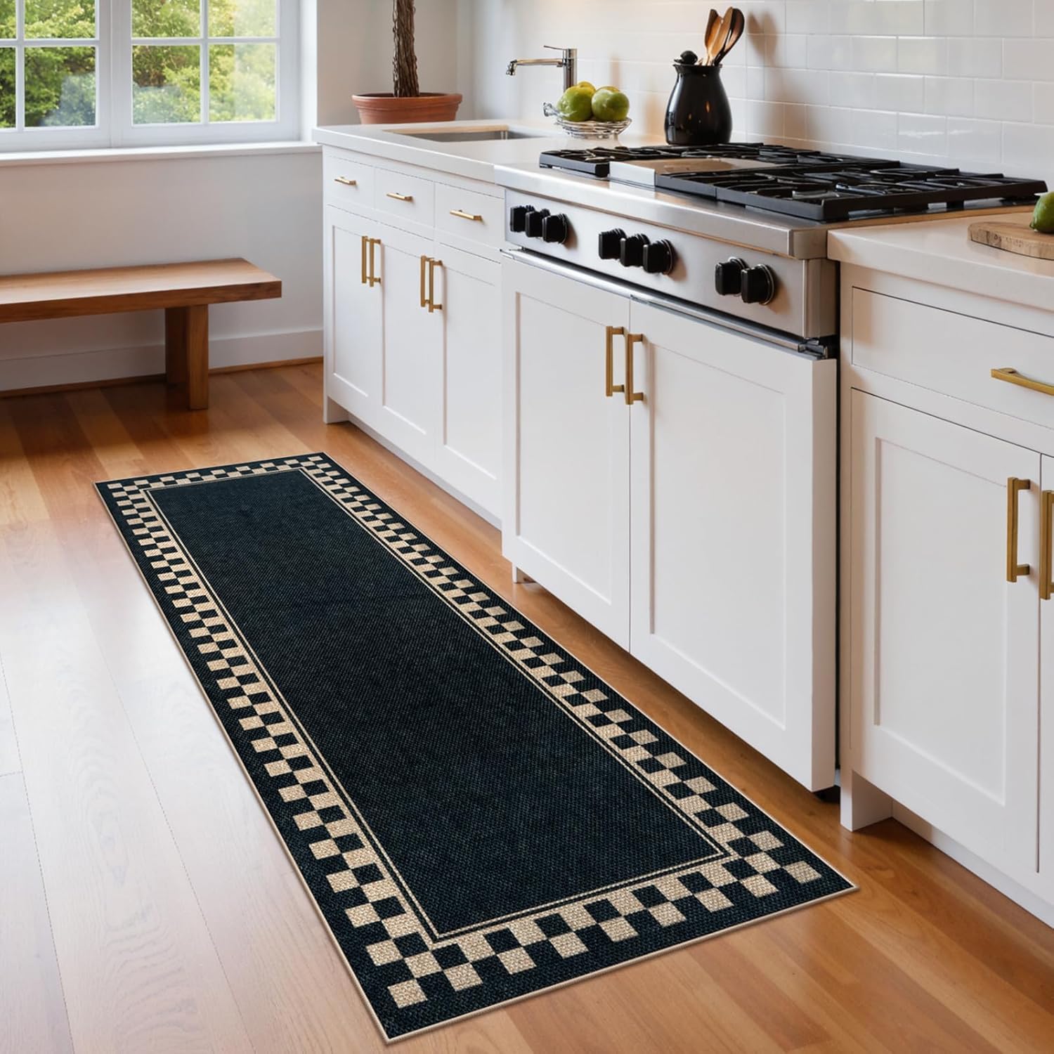 OJIA Easy Jute Outdoor Area Rug 8x10, Large Patio Rug Washable Living Room Rug Farmhouse Indoor Outdoor Carpet Bordered Modern Non-Slip Black Rugs for Bedroom Backyard Deck Decor