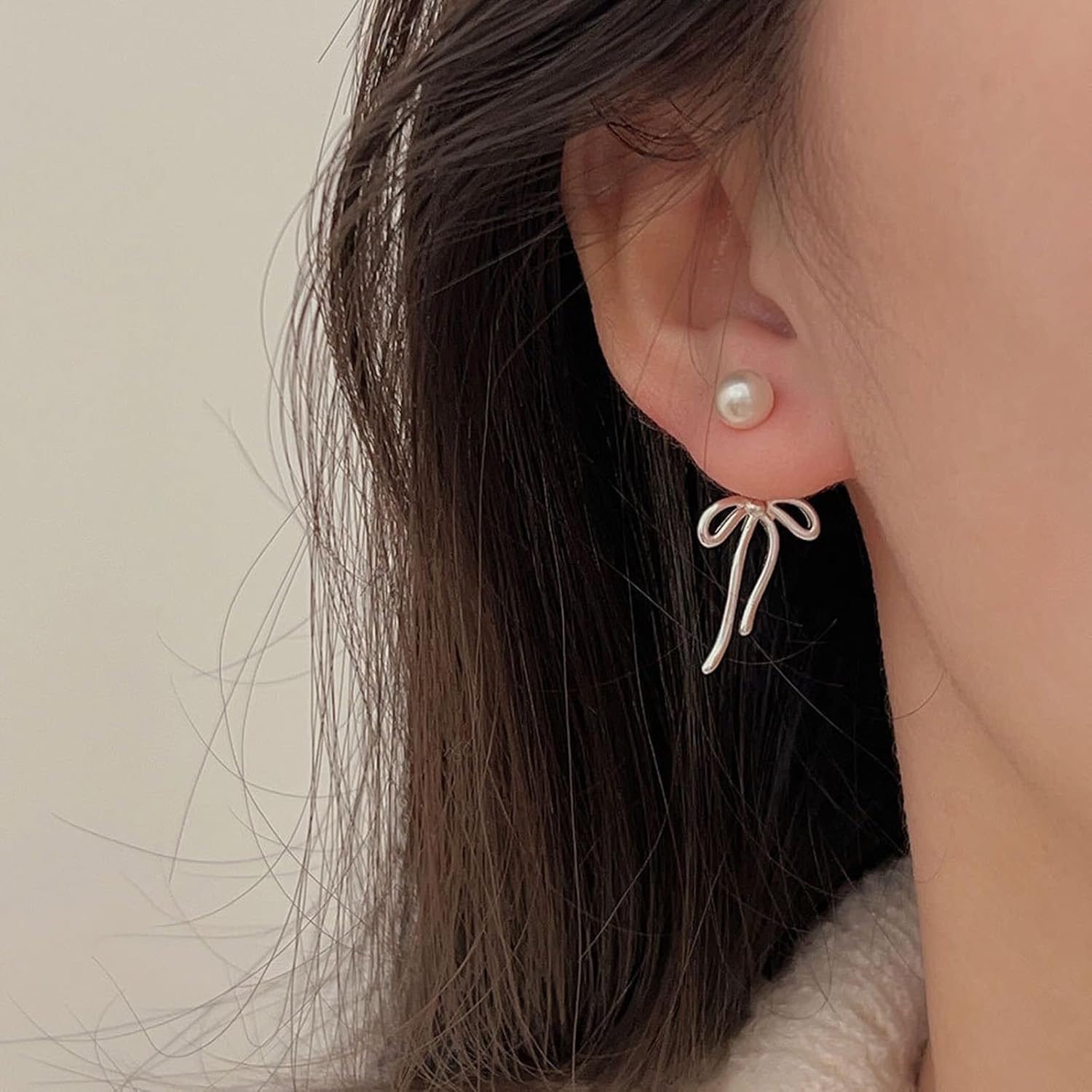 Bow Earrings for Women Pearl Bow Earrings Tassel Dangle Rhinestone Earrings Jewelry Gifts (B) - Image 3