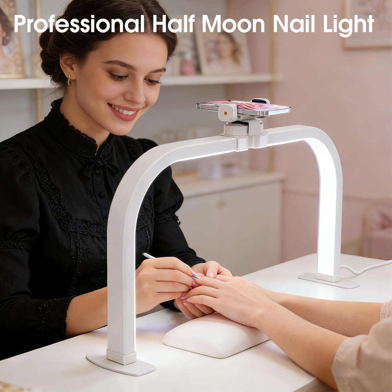 Lampada Mezza Luna Estetica, 72CM 40W Lampada Estetista da Tavolo per Unghie, Lampada Extension Ciglia con Porta Cellulare, Half Moon Light con 3 Modalità 10 Luminosità per Tatuaggi Manicure- Bianco