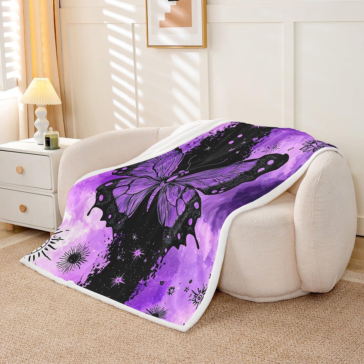 Erosebridal Purple Butterfly Throw Blanket Boho Exotic Mandala Printed Blanket for Girls Women Sun and Moon Decor Fleece Blanket Bohemian Flying Butterfly Pattern Moth Print Fuzzy Blanket 60"x80"
