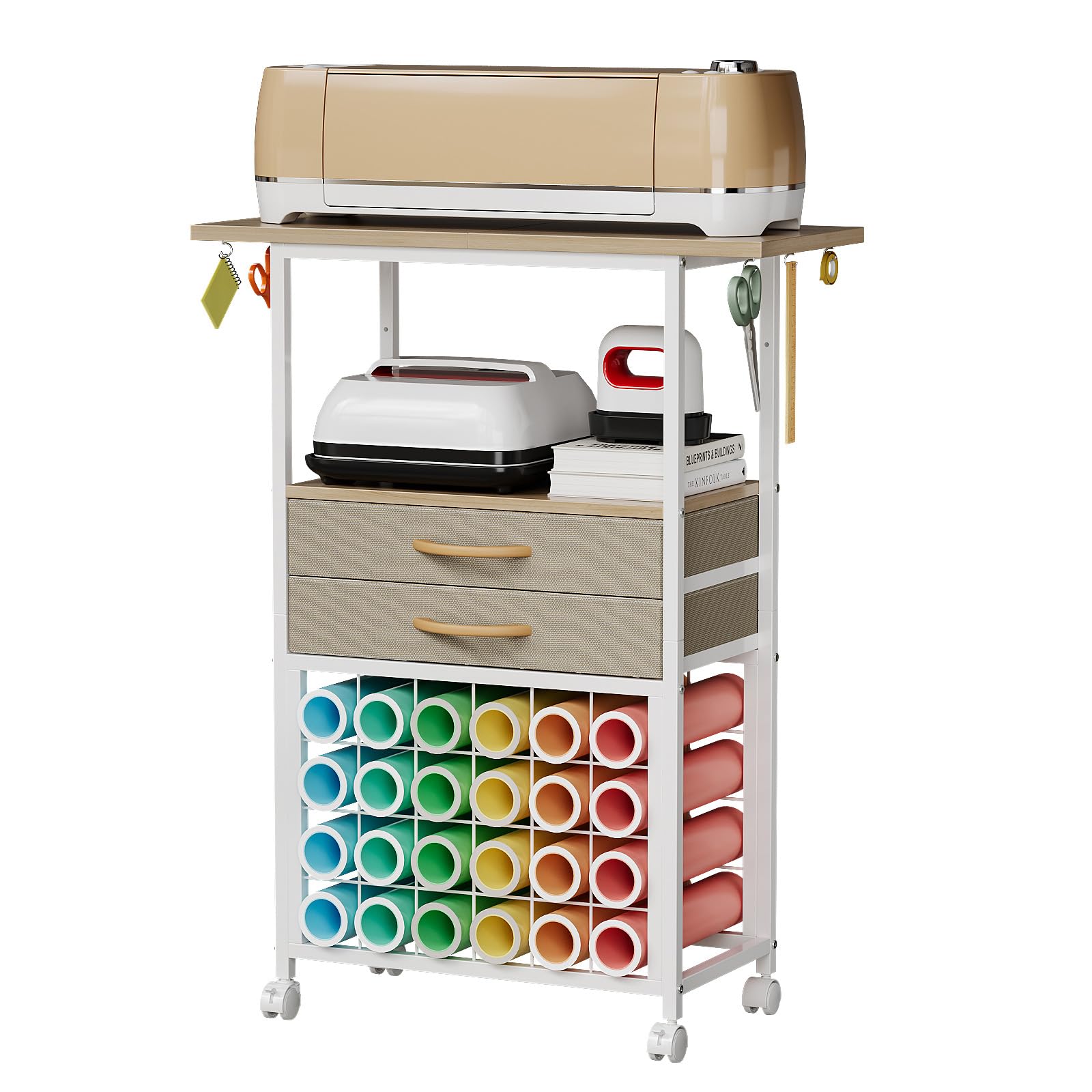 VENNQD Organizer and Storage Stand Compatible with Cricut Machines,Rolling Storage Cart/Shelf with 24 Vinyl Roll Holders，2 Fabric Drawer,Accessories Holder,Tool Hook for Craft Room Home (White Maple)