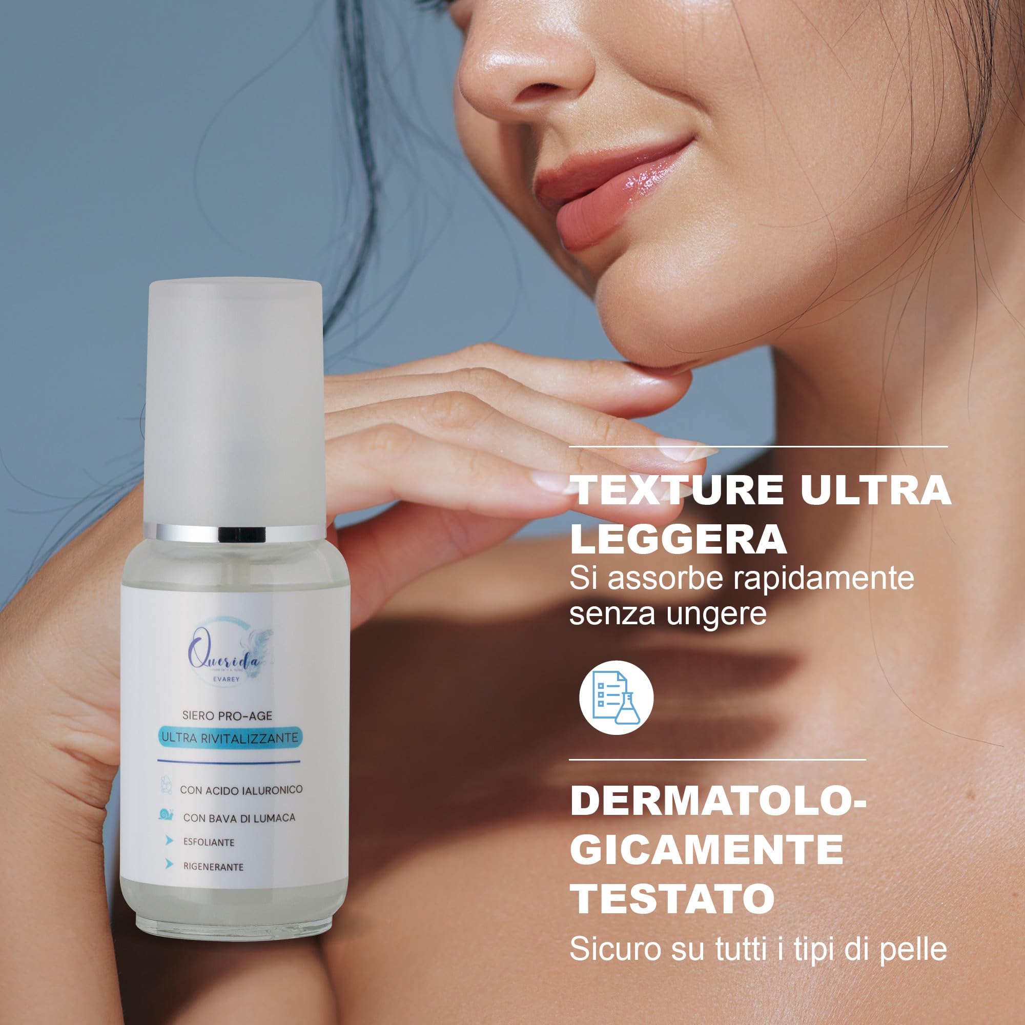 Querida ProAge Gesichtsserum mit Schneckenschleim und Hyaluronsäure, biologisches Peeling, regenerierend, Anti-Age, hergestellt in Italien, 50 ml