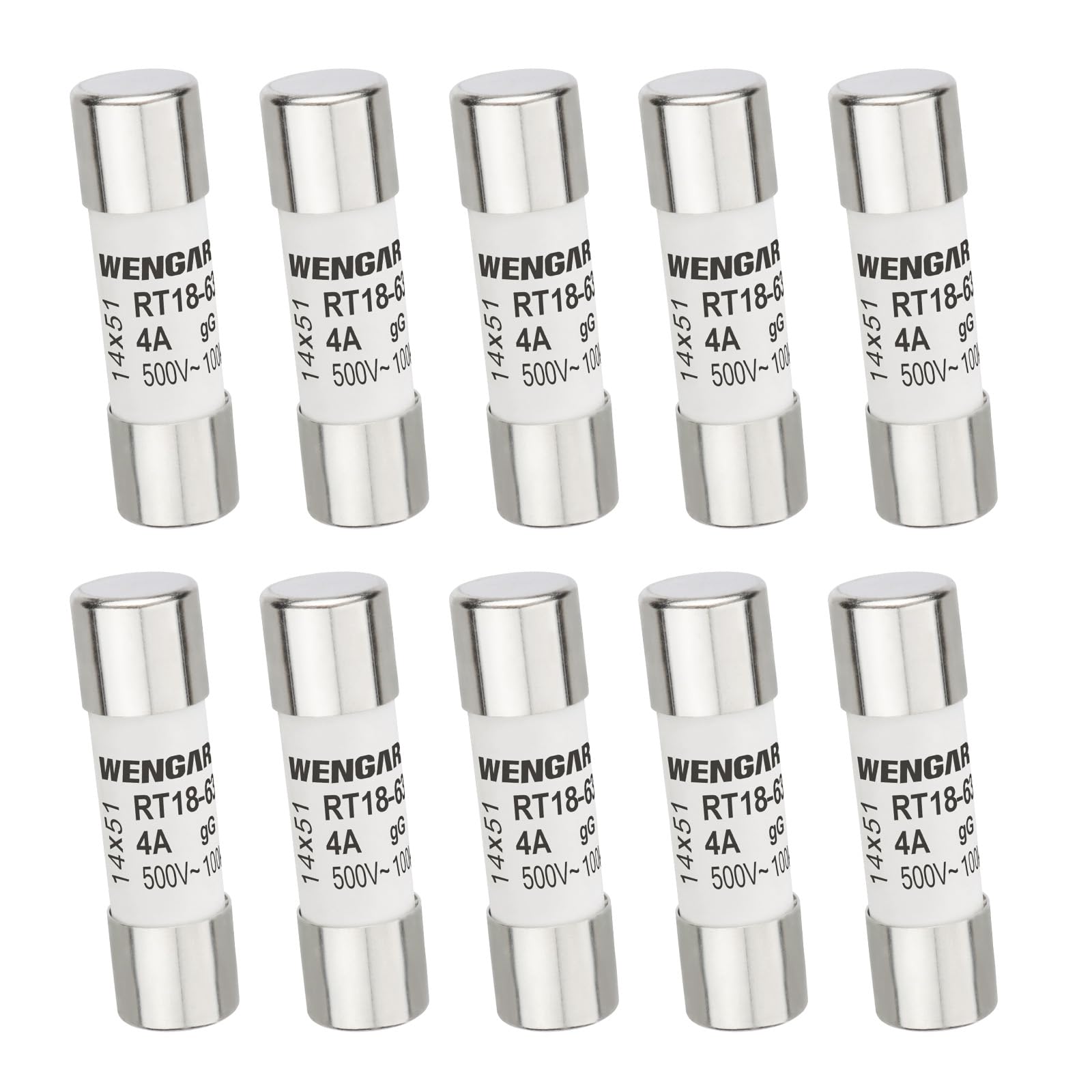 Wengart AC Cylindrical Ceramic Fuse RT18-63 (RO16), AC500V 4A, 100kA, 14x51mm, 10 pieces