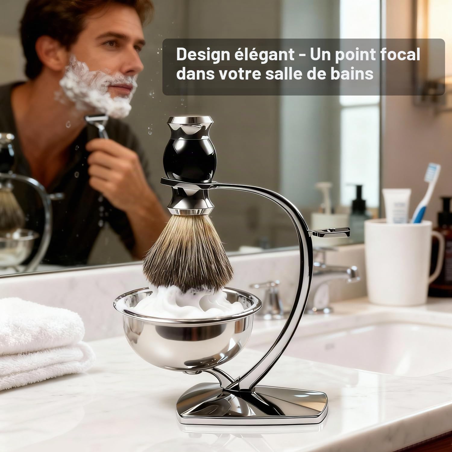 GRUTTI Kit rasage 3-en-1 homme: Bol inox magnétique + Support zinc chromé + Pinceau synthétique poil de blaireau | Hygiénique & Pratique | Ajoutez votre rasoir!
