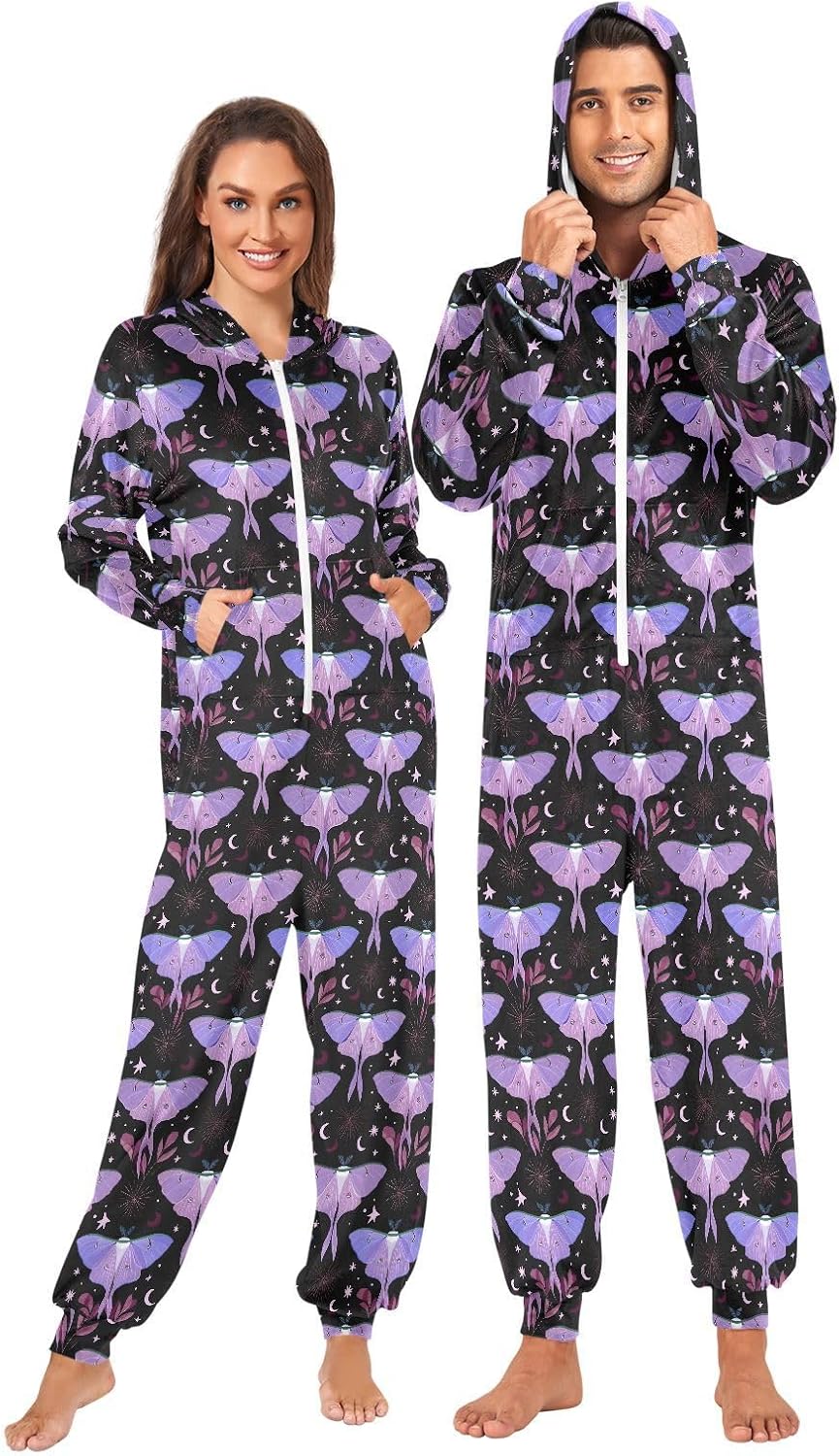 ALAZA Purple Moth Moon Star Adult Onesie Unisex Pajamas One-Piece Costume Hooded Jumpsuit Sleepwear for Men Women