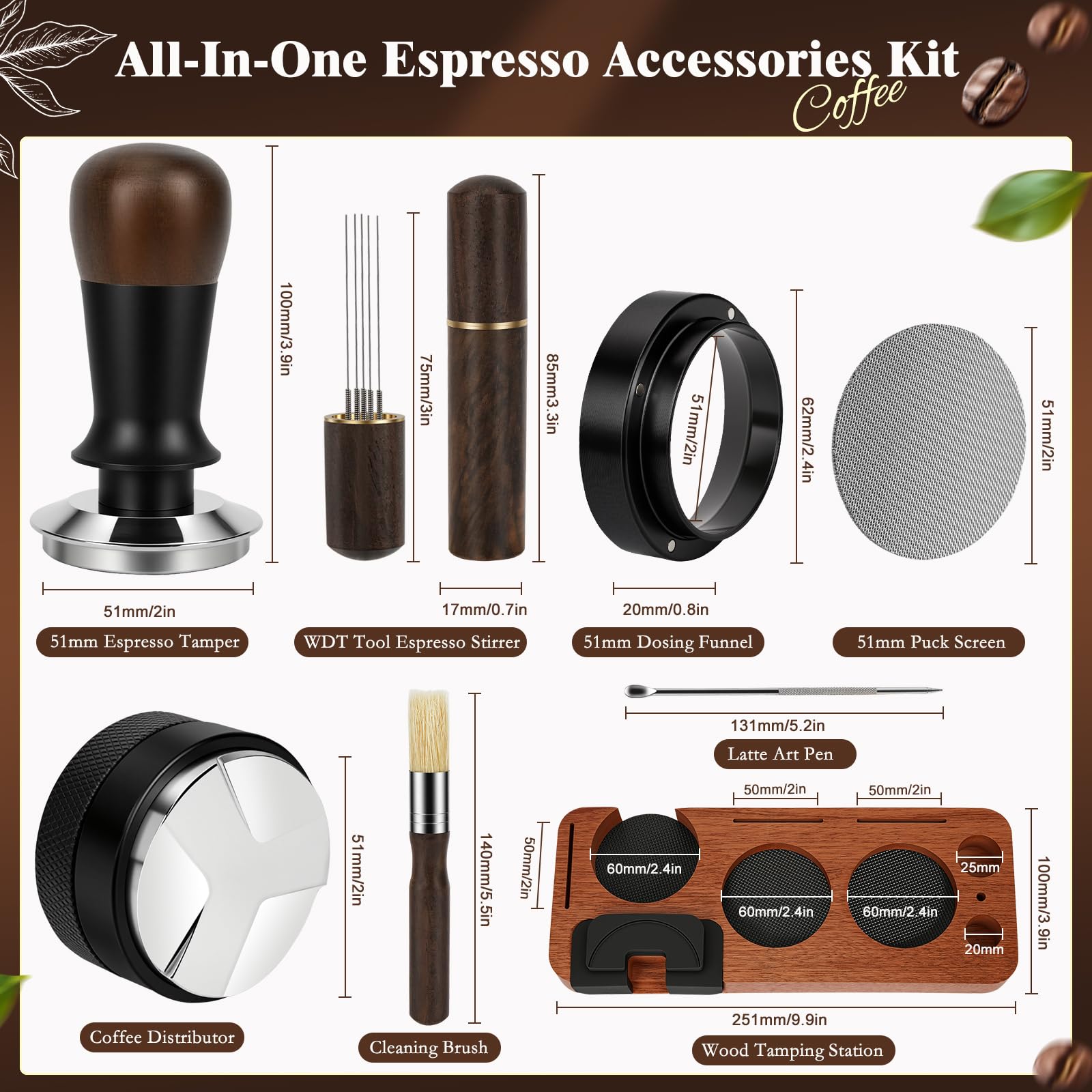 Y-Step Barista Zubehör 8pcs, 51mm Espresso Tamper Set, mit Tamperstation, Kaffee Distributor, WDT Tool, Schwerkraft Tamper, Dosierring, Puck Screen, Reinigungsbürste, Rührer, für Kaffeemaschine