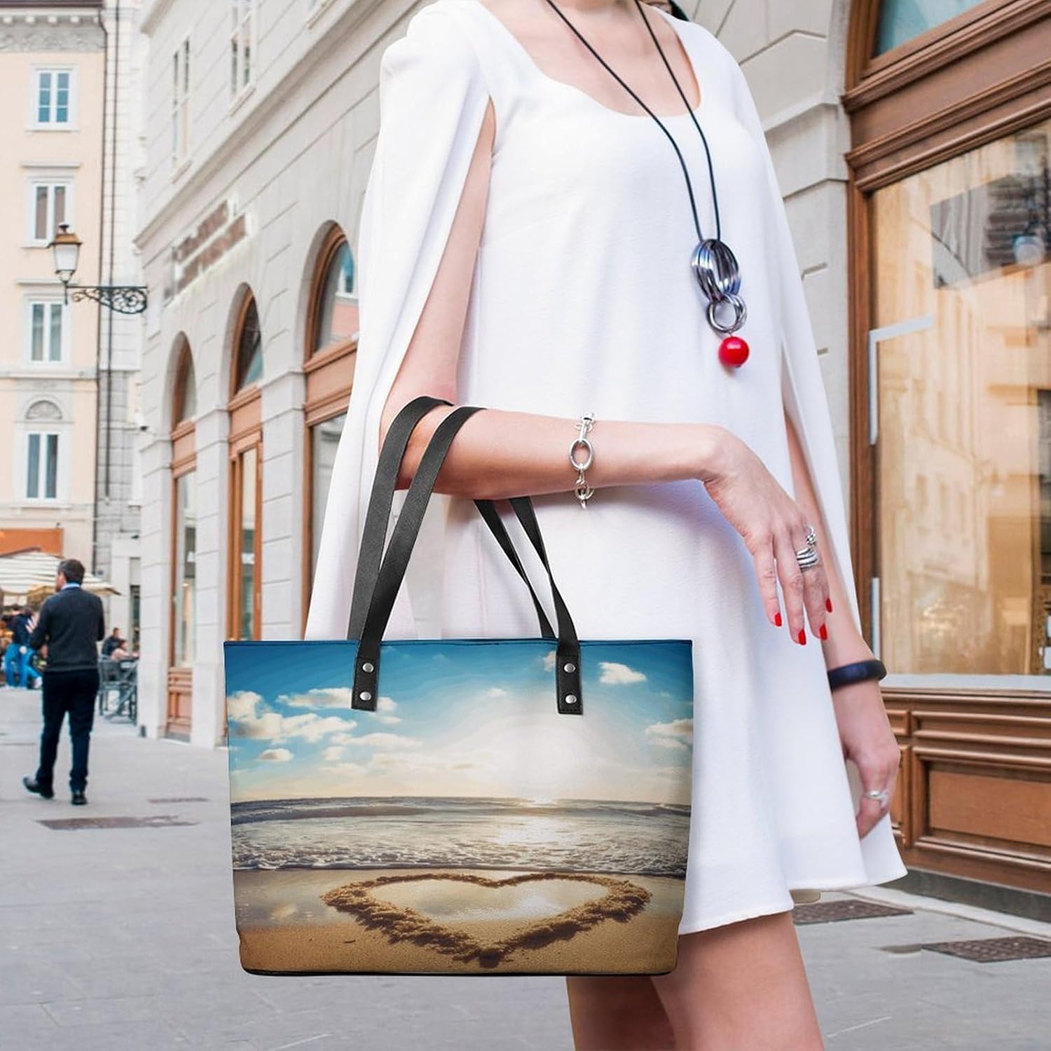 Heart Shape Romantic Beach Tote Bag for Women Top Handle Large Size Satchel Purse Ladies Chic Shoulder Bag Aesthetic Leather Shoulder Handbag for Work Travel Cute Casual Message Bags
