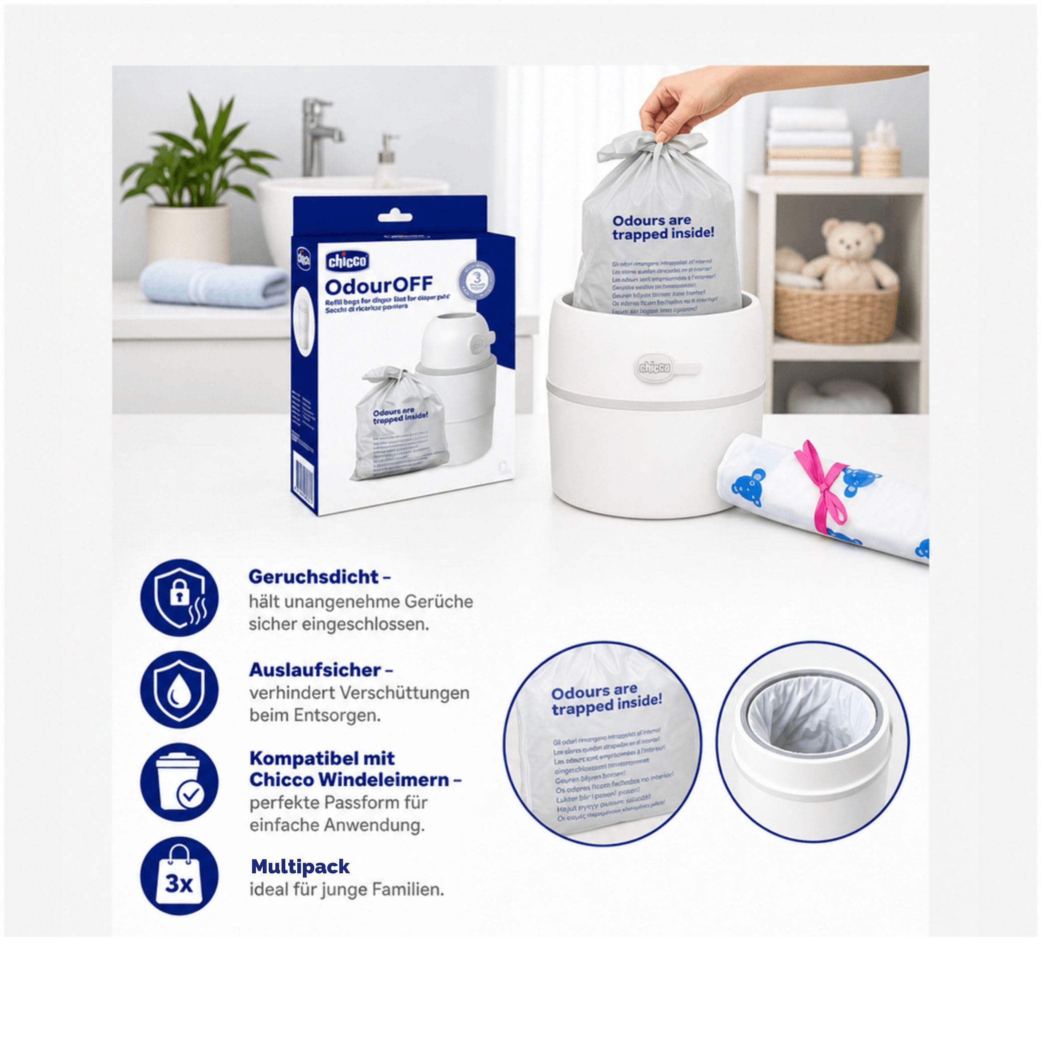 Chicco Windeleimer Nachfüllpack & Windel Blaubaer | geruchsdichte & auslaufsichere Beutel | Für saubere und geruchsfreie Wickelbereiche | Nachfüllkassette, Nachfüllfolie für Windeleimer
