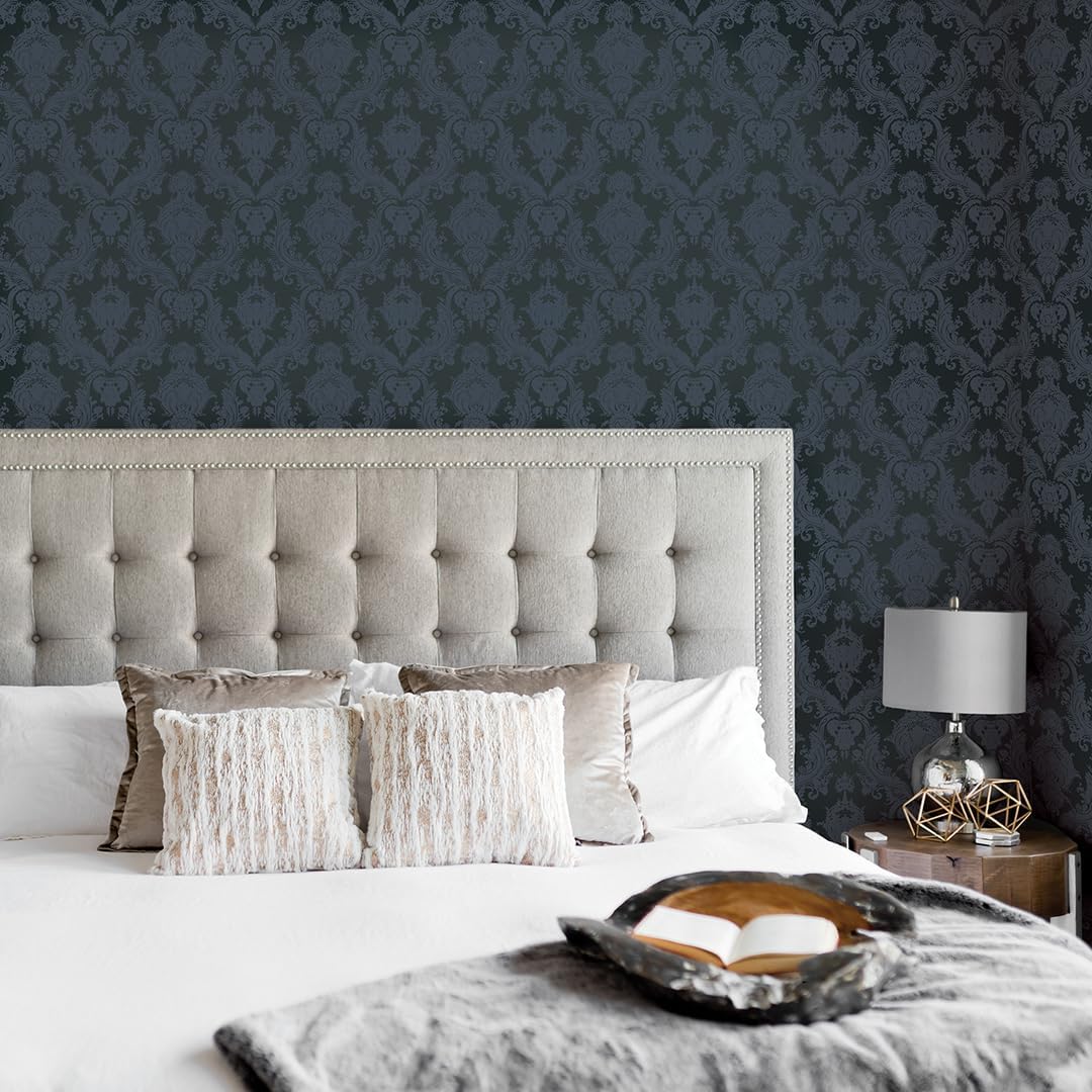 Tempaper Textured Black Damsel Removable Peel and Stick Damask Wallpaper, 20.5 in X 16.5 ft, Made in the USA
