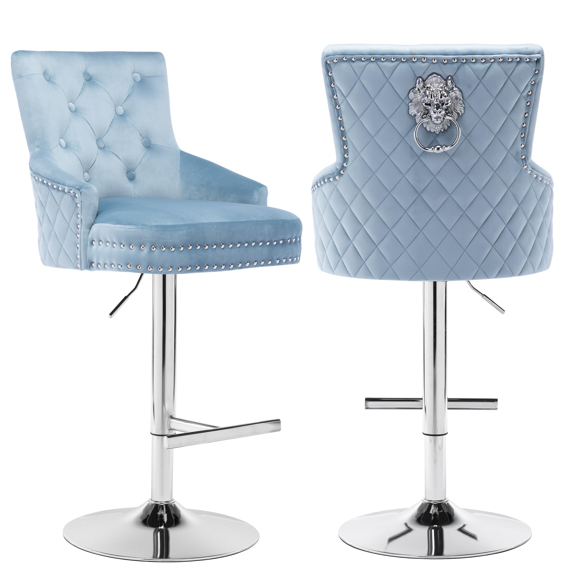 FOREDO Velvet Swivel Bar Stools Set of 2, Upholstered Bar Stool with Button Tufted Back and Pull Ring, Height Adjustable Swivel Barstools, Light Blue
