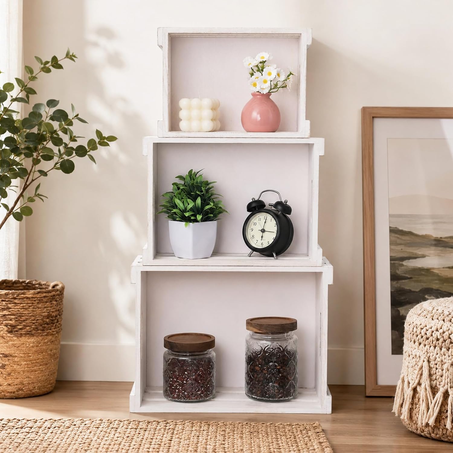 3 Pack Nesting Wooden Crates for Display Decorative Boxes, Decorative Farmhouse Rustic Wood Basket with Handles, Wood Box Display Risers, Rustic White, Boxes for Storage Displays Decor
