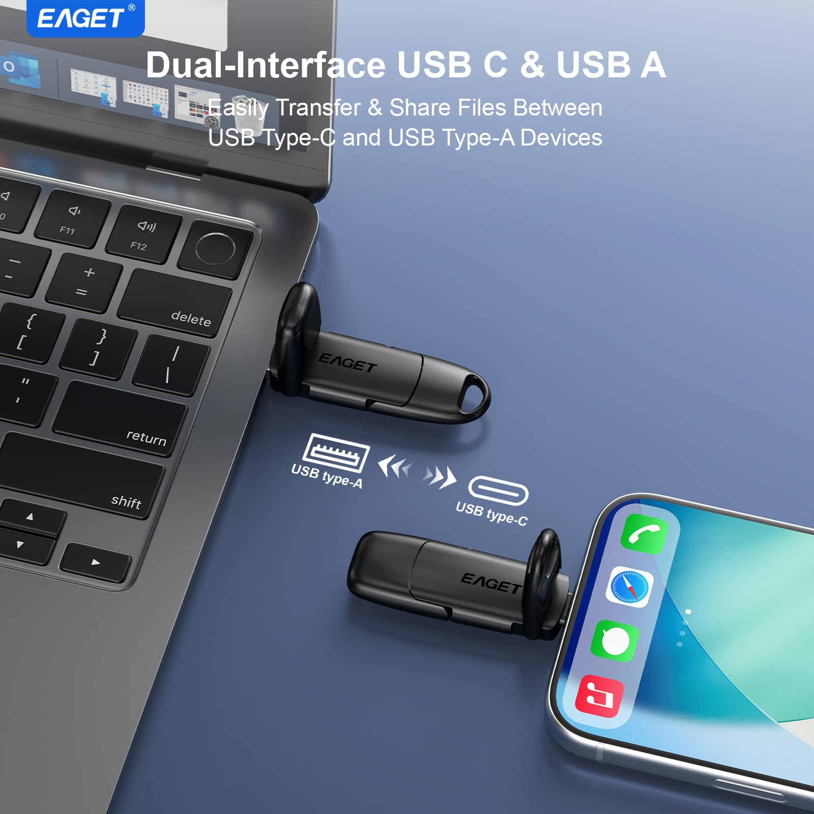 Eaget Chiavetta USB C da 512GB, Dual Drive Type-C e USB-A, flash drive a stato solido, fino a 400 MB/s ad alta velocità, design in metallo, SSD esterno portatile per iPhone 15/16/17, Android, laptop