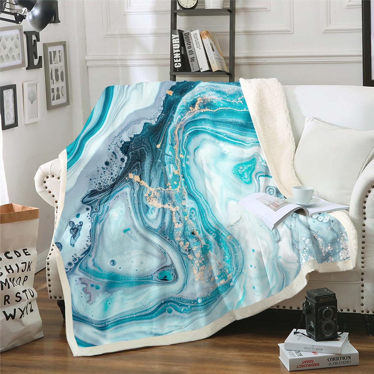 Marble Throw Blanket Teal Blue Golden Marble Sherpa Blanket Abstract Art Plush Blanket for Kids Boys Girls Women Luxury Ocean Swirls Marble Ripples Fuzzy Blanket for Sofa Bed Couch, Queen 90x90 Inch