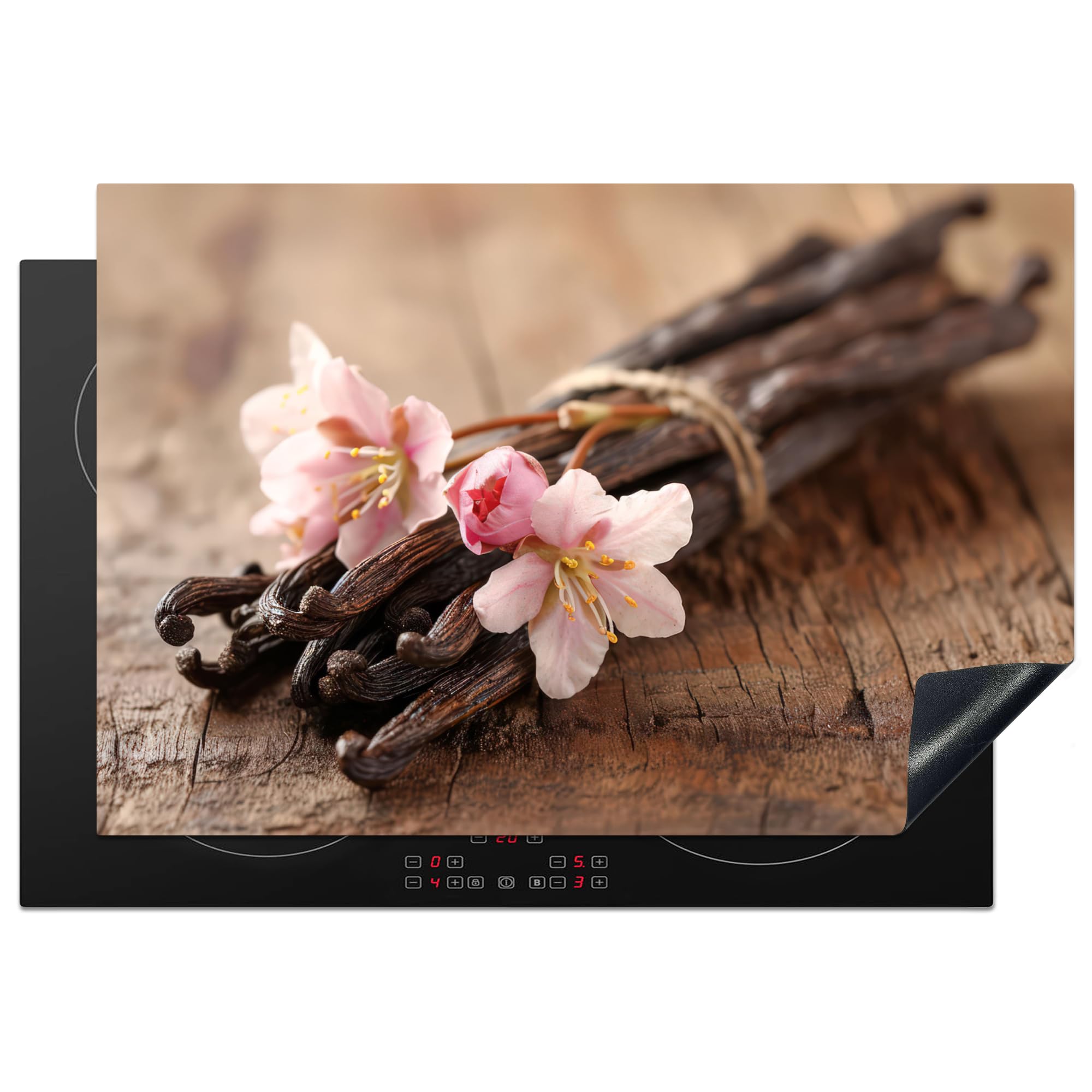 KitchenYeah© Induction Hob Cover Protector Mat 20.3"x29.9" / 76x51.5 cm Kitchen Universal Ceramic Covers for Electric Cookers Vinyl Vanilla - Flowers - Vanilla pods - Wood - Pink