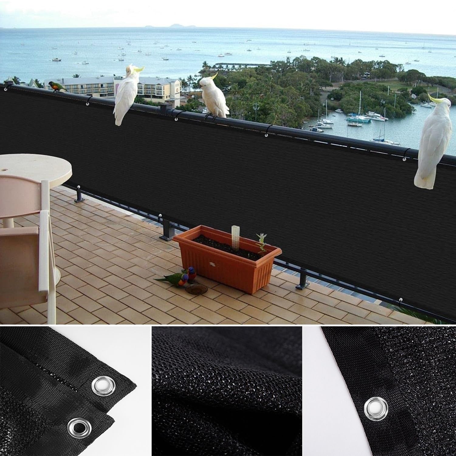 Na zewnątrz, na balustradę balkonową, 85 cm wysokości, 300 cm szerokości, czarna osłona z oczkami, do ogrodu, tarasu, patio i ochrony dziedzińca