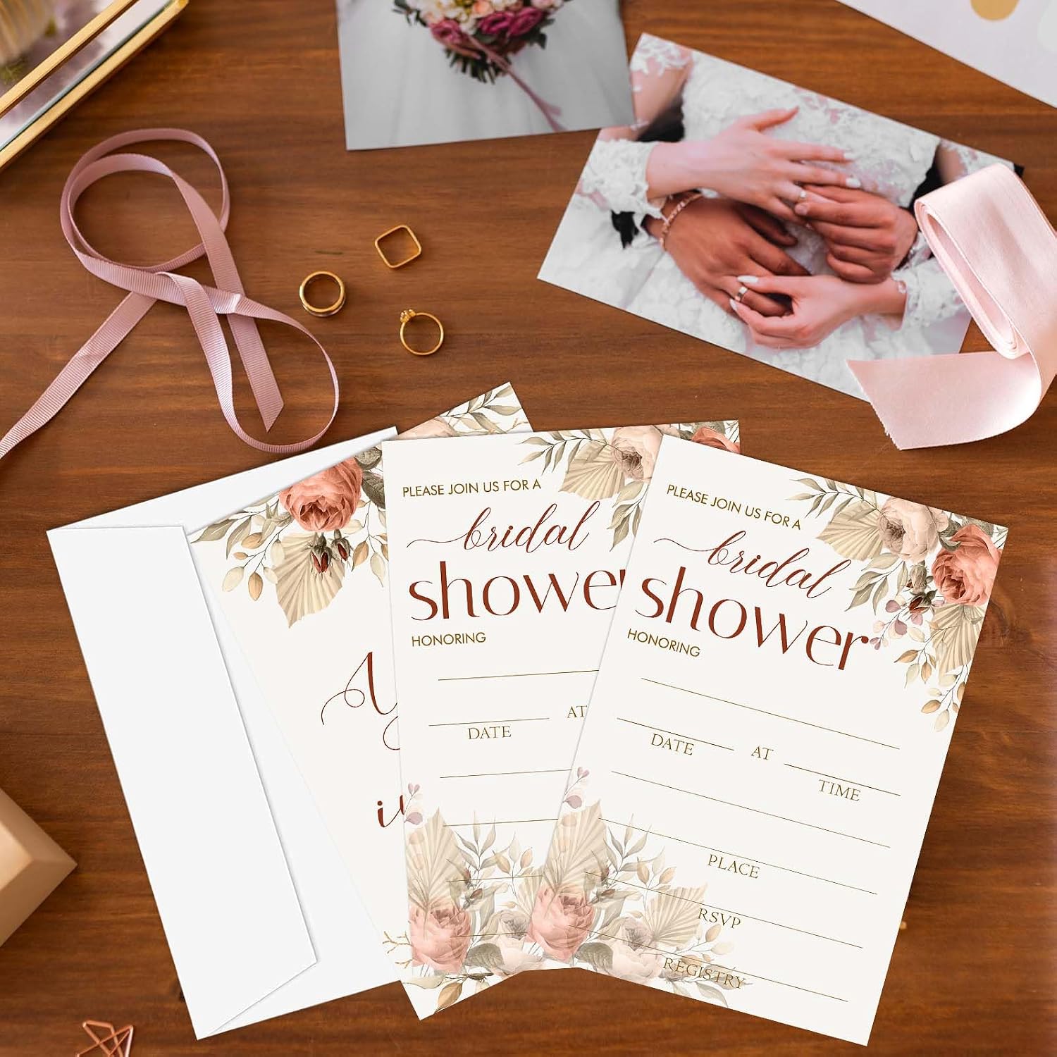 Bridal Shower Invitations, Boho Floral Wedding Invites with envelopes, 25 Elegant Bridal Shower Invites for New Couples Party Engagement Bachelorette - A02