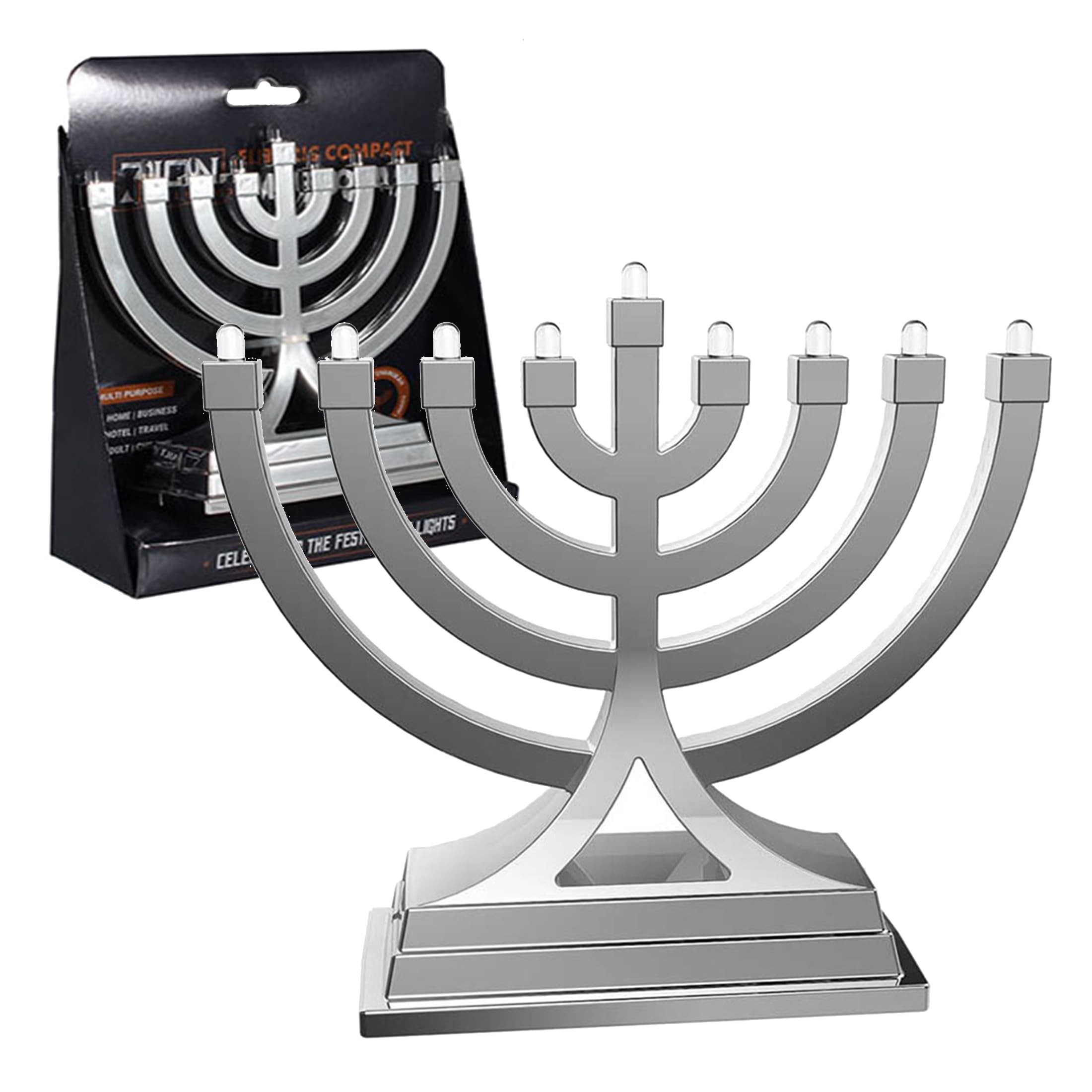 Zion Judaica Small Battery Operated LED Menorah or USB Powering - Multiple Light Settings with Push Button Control - Shiny Silver