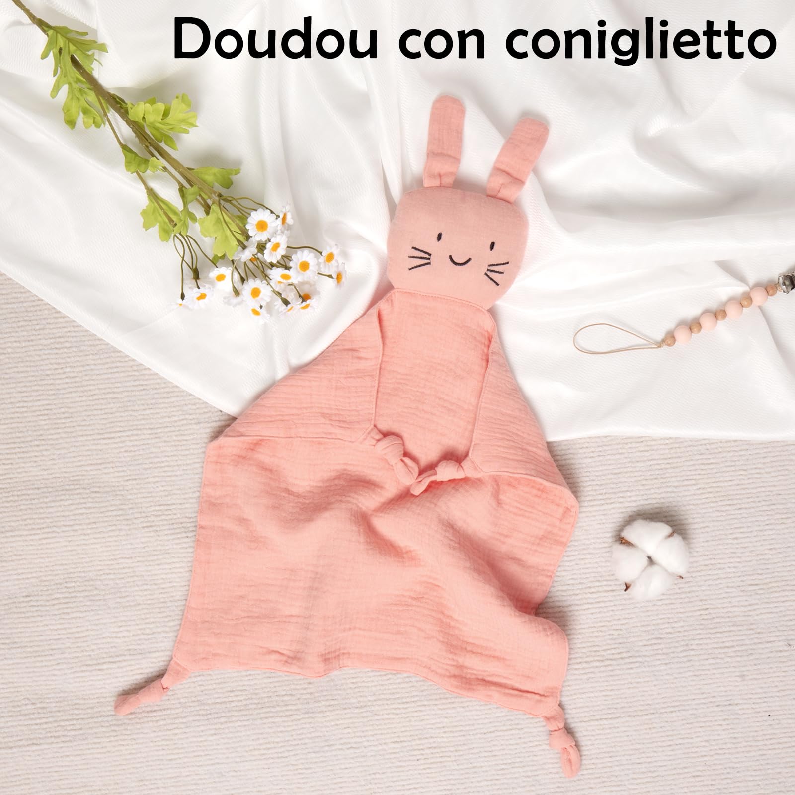 Coffret cadeau pour bébé fille 6 en 1, cadeau de naissance pour garçon, couverture en mousseline, doudou, bavoir, chaîne porte-doudou avec empreinte de pied, bon d'achat (Rosa)