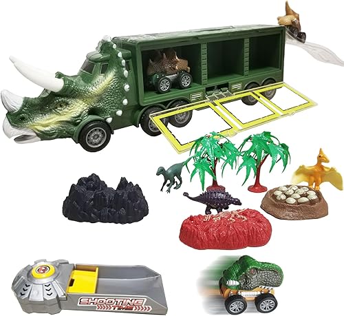 PUTYOSH Camión de juguete de dinosaurio para niños, transportador de dinosaurios con 3 juguetes de dinosaurios3 autos de dinosaurio de tracción