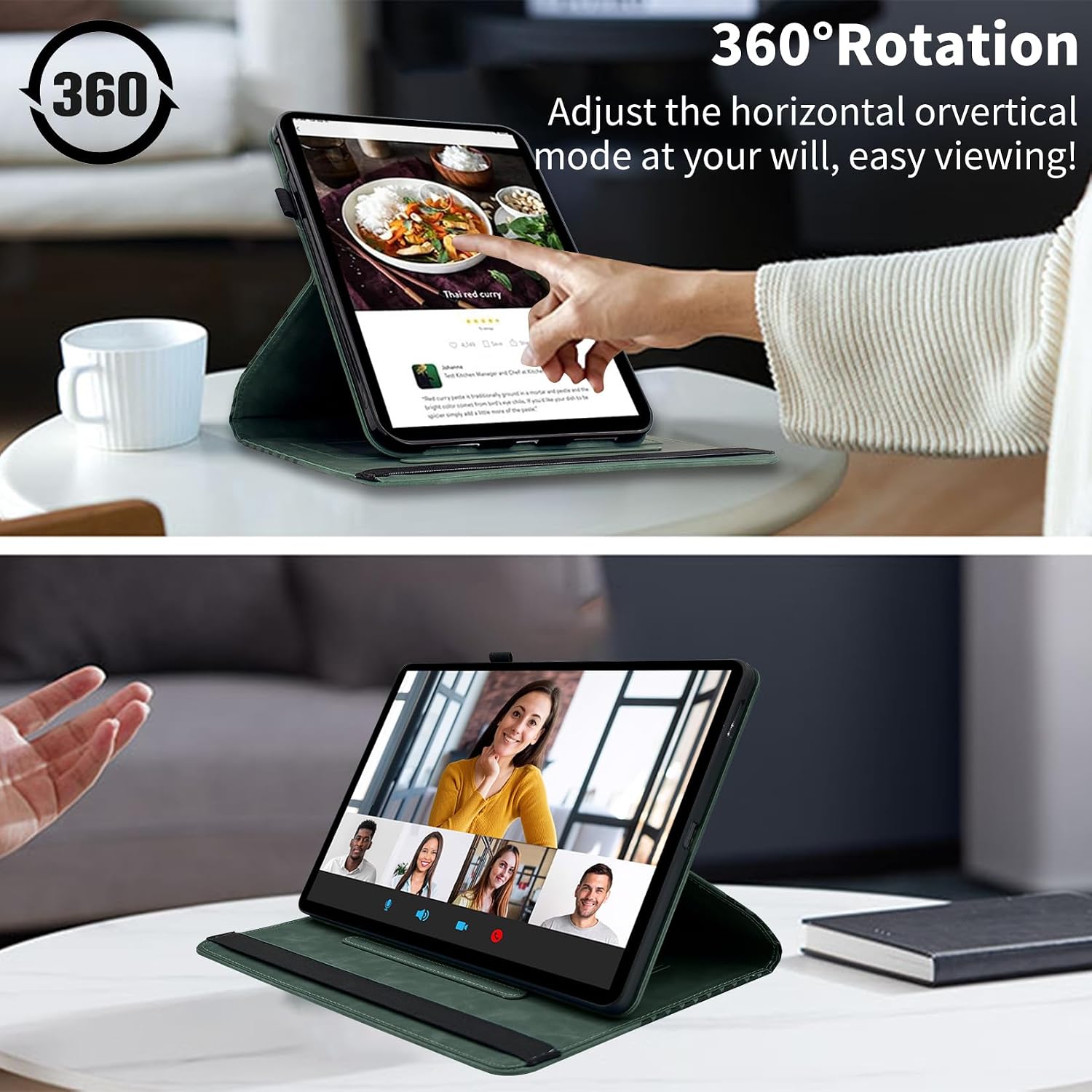 Case for Samsung Galaxy Tab A 10.1 2019 (SM-T510/T515),360 Degree Rotating PU Leather Folio Protective Case,Card Holder&Shoulder Strap for Woman Man,Retro Green image 3