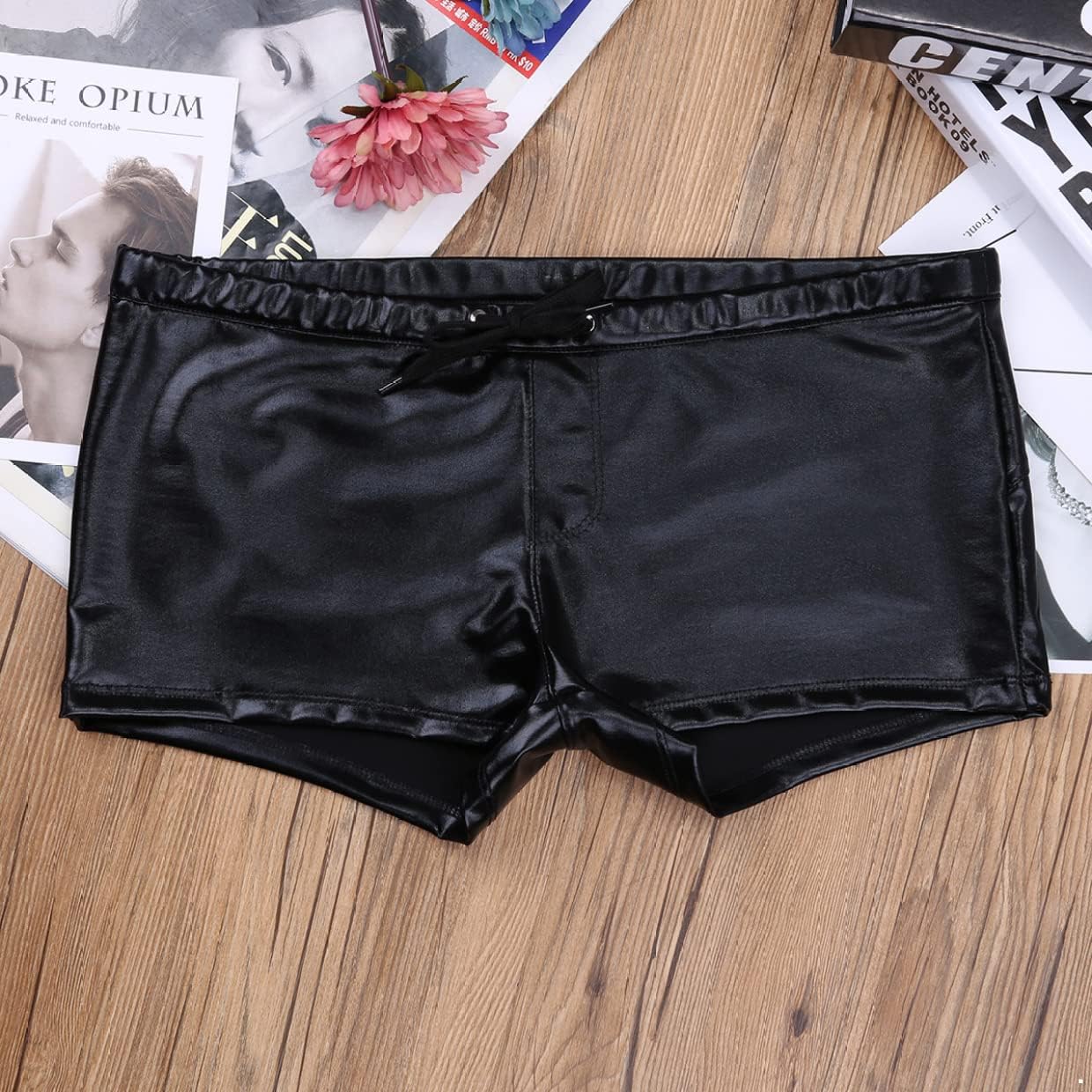 JanJean Mens Wet Look Patent Leather Drawstring Boxer Shorts Trunks Swimwear Lingerie Underwear