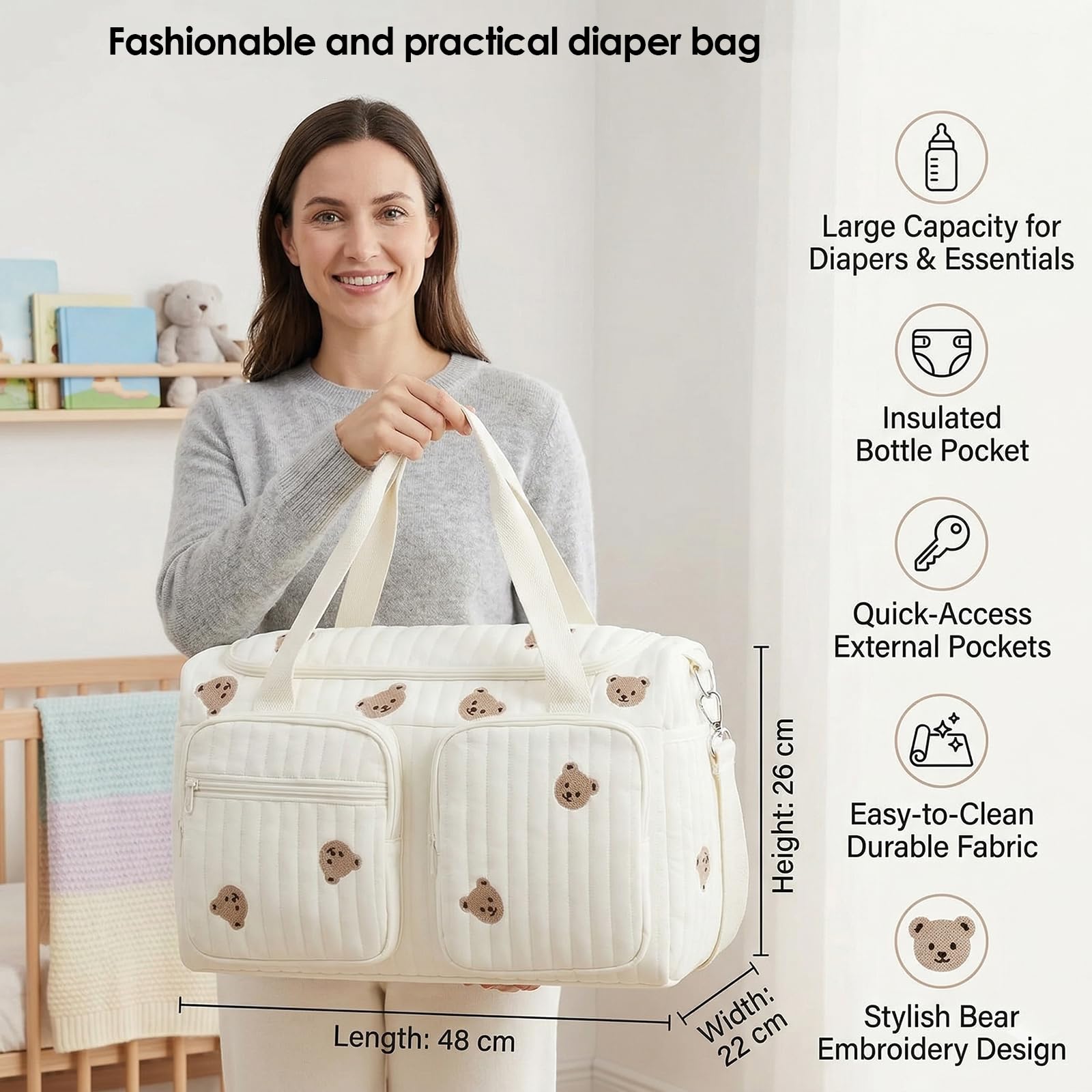 Grand sac à langer polyvalent pour les déplacements, 48 × 22 × 26 cm, sac clinique de naissance, sac à langer en coton, sac à langer pour les déplacements, la naissance à l'hôpital, les voyages, la