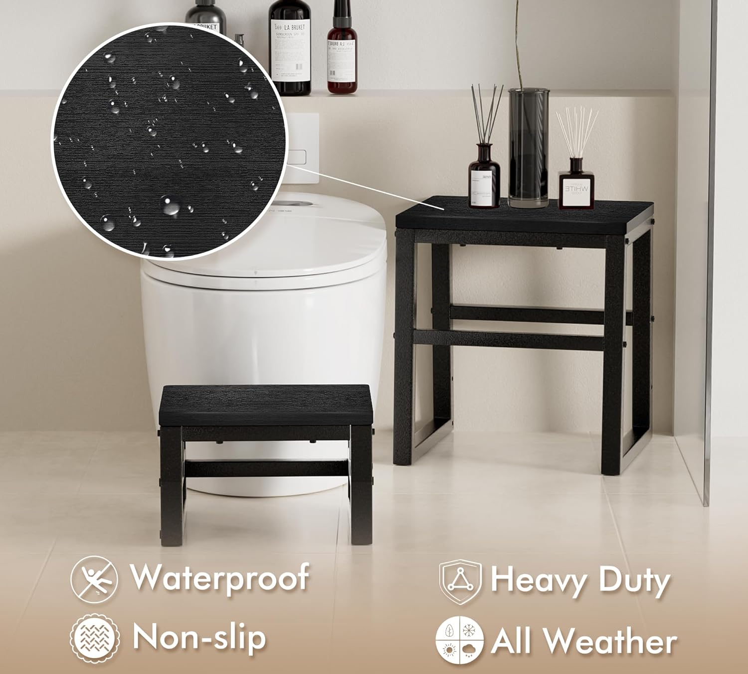 Y&M 3-in-1 Step Stool for Adults Kids, Waterproof Heavy Duty Bed Step with Small Stackable Chair, All Weather Compact Portable Foot Stool for Kitchen Bathroom Bedroom Indoor Outdoor, Black