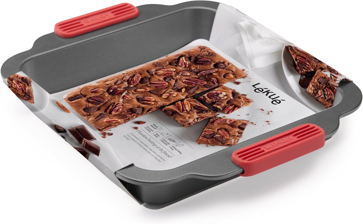 Lékué Non-Stick Square Cake Mold - Carbon Steel Oven Baking Pan with Platinum Silicone Handles, Dual Non-Stick Ceramic Coating, Even Heating, Scratch Resistant, PFOA & PFA-Free, 12.2 x 10.5 x 2"