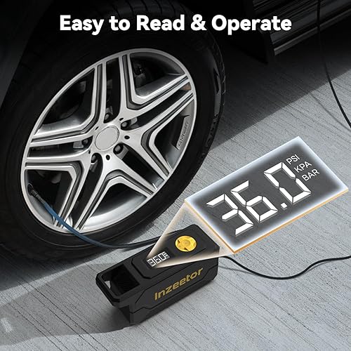 Miniatura 5 de Compresor de aire portátil, inflador de neumáticos de 150 PSI, bomba de aire de 12 V CC con apagado automático, manómetro digital y luz LED de Negro