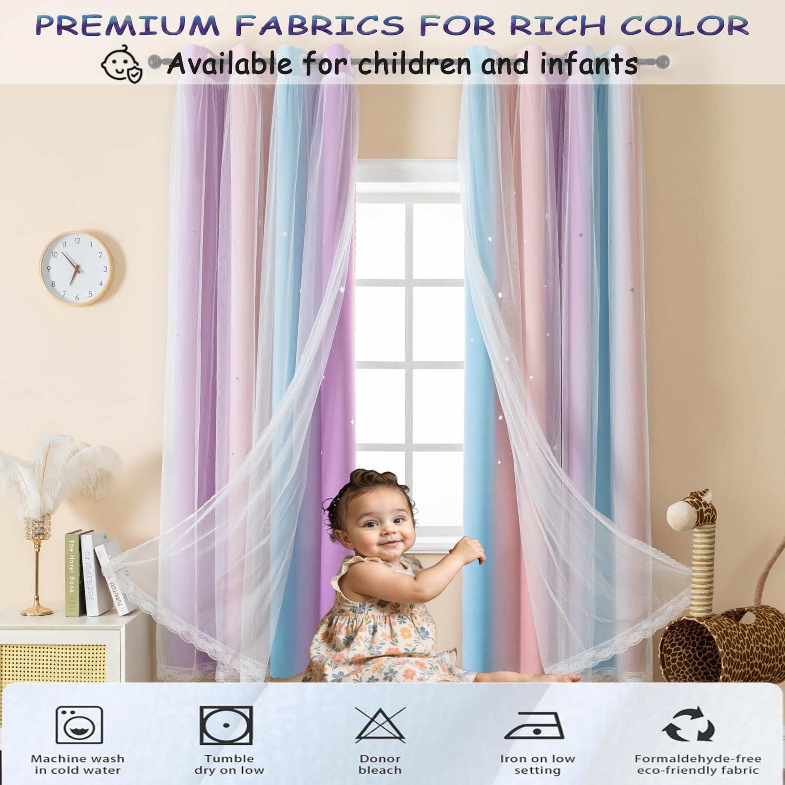 AOWELLOW Star Blackout Curtains 84 Length for Bedroom 2 Panels Set, Privacy Boho Curtain for Glass Door Aesthetic Room, Pink Purple Thick Grommet Top Star Cutout Kids Curtain (W52X L84)