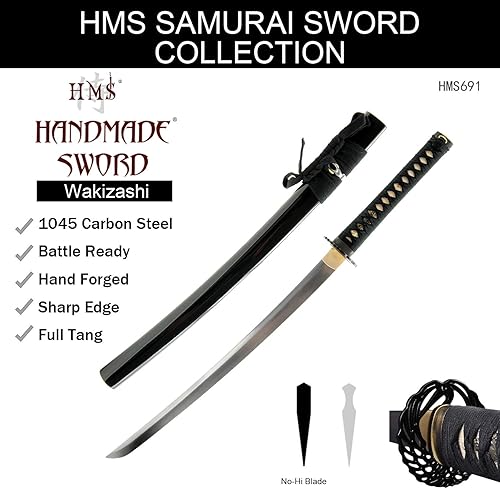 Vista 24 de Handmade Sword - Espada Wakizashi japonesa, práctica, forjada a mano, acero al carbono 1045/1060/1080, templado al calor, espiga completa, afilada