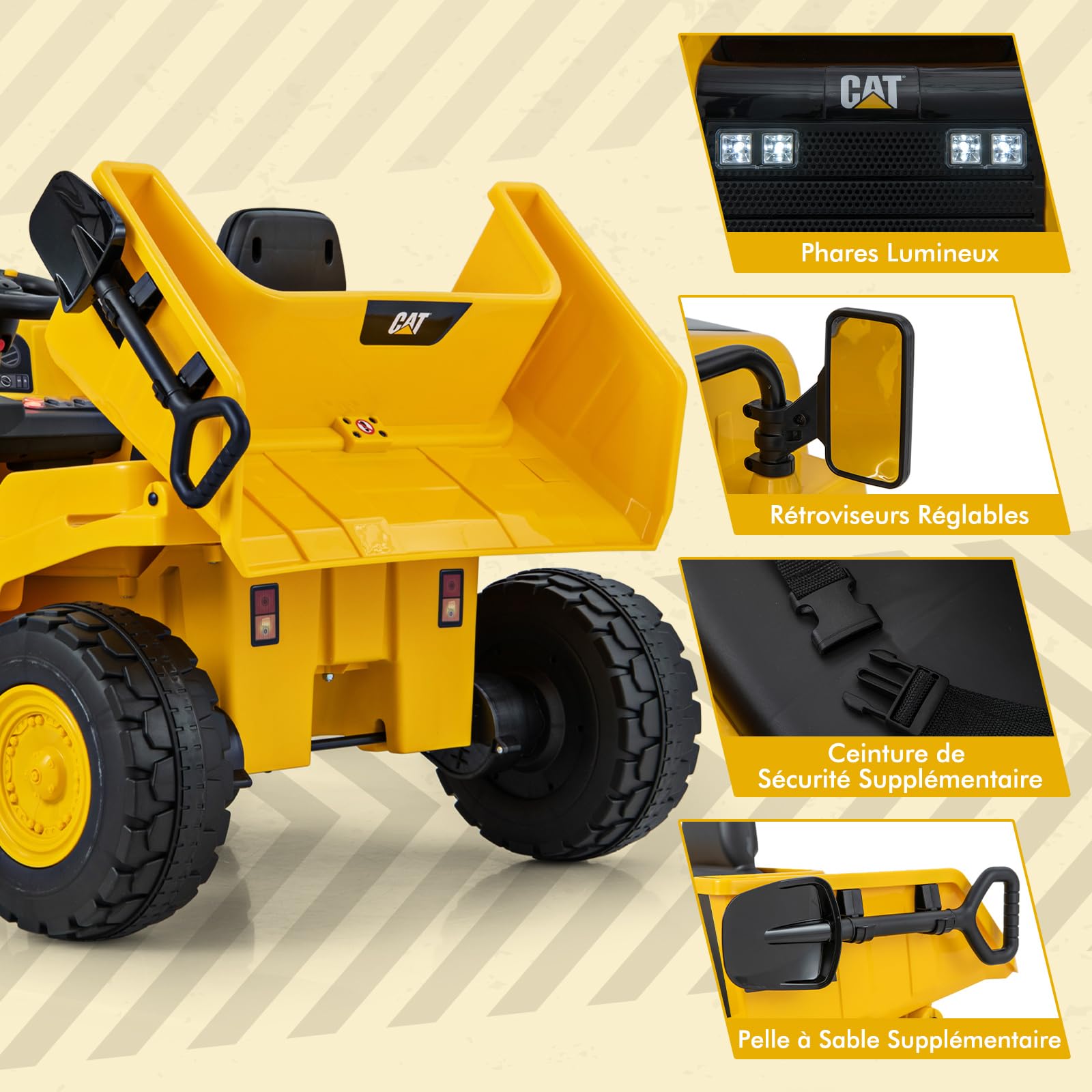 COSTWAY 12V Camion Électrique Caterpillar Enfant avec Pelle à Sable & Benne Basculante, Voiture Électrique avec Musique & Lumières, Télécommande & Pédale, 3-4KM/H, Charge 30kg pour 3-6 Ans