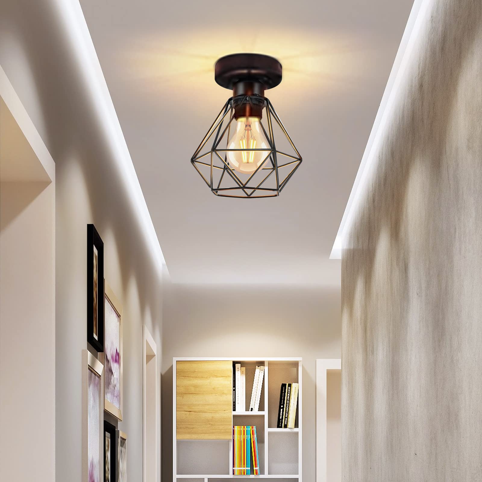 Lámparas de Techo Lámparas Colgante Vintage, Industrial Metal Iluminación de Techo E27 en Estilo Jaula Geométrica Para Sala de Estar, Cocina, Dormitorio, Pasillo, Patio, Ø 16cm, Negro, 1 Luz